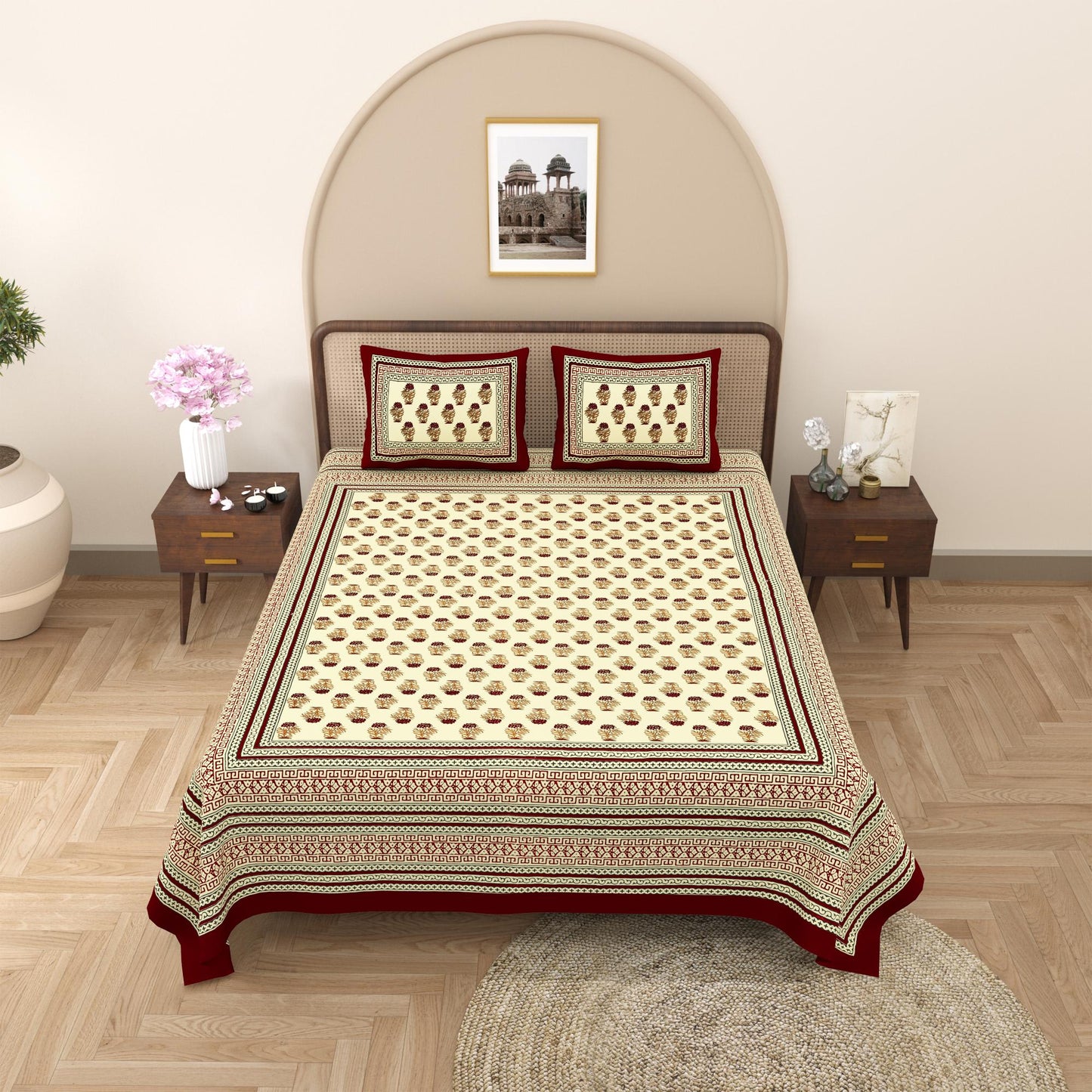 Rajasthani Cotton King Size Printed Flat Bedsheet  90*108 With 2 Zipper Pillow Cover