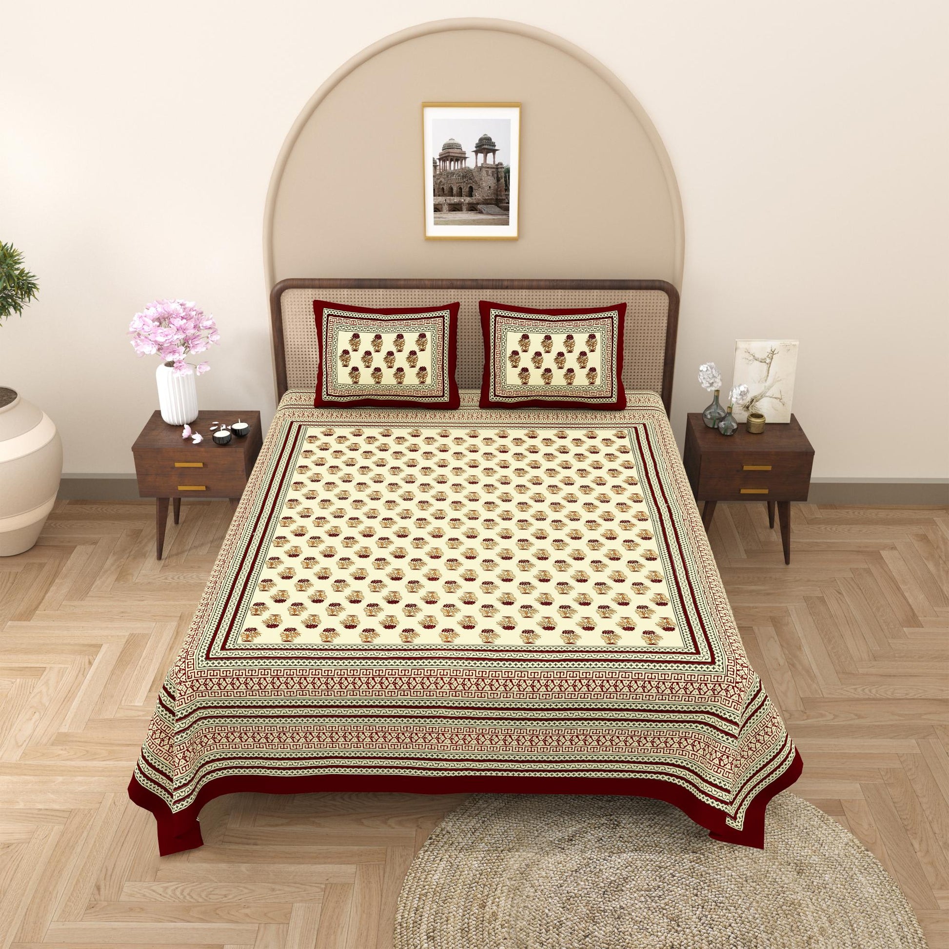 Rajasthani Cotton King Size Printed Flat Bedsheet  90*108 With 2 Zipper Pillow Cover