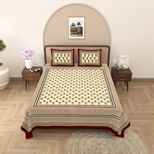 Rajasthani Cotton King Size Printed Flat Bedsheet  90*108 With 2 Zipper Pillow Cover