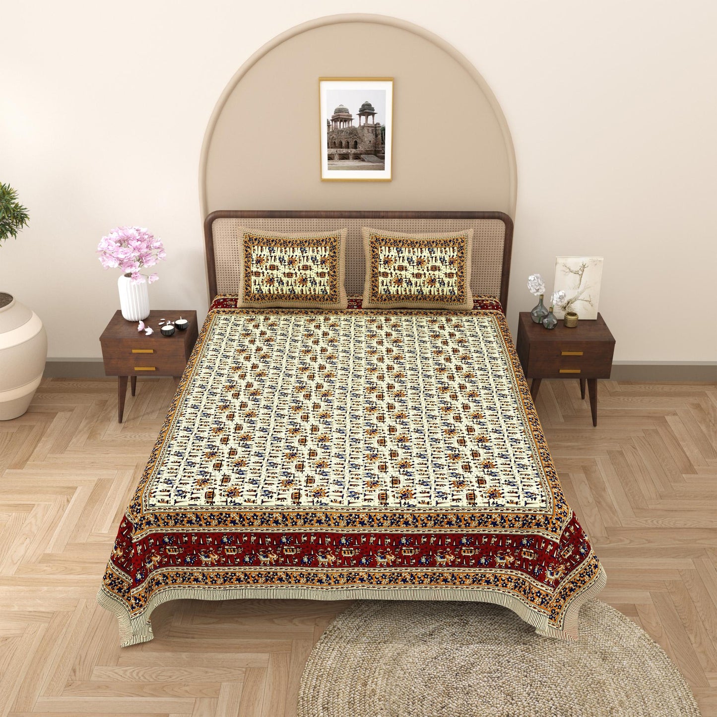 Rajasthani Cotton King Size Printed Flat Bedsheet  90*108 With 2 Zipper Pillow Cover