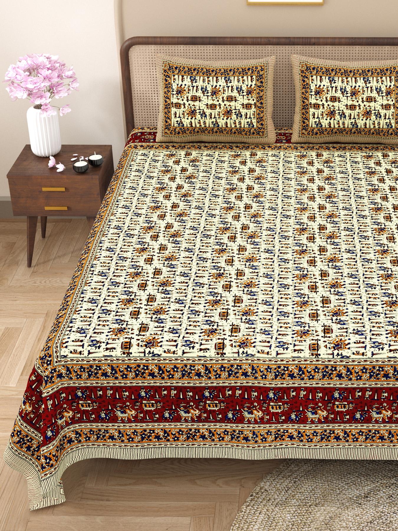 Rajasthani Cotton King Size Printed Flat Bedsheet  90*108 With 2 Zipper Pillow Cover