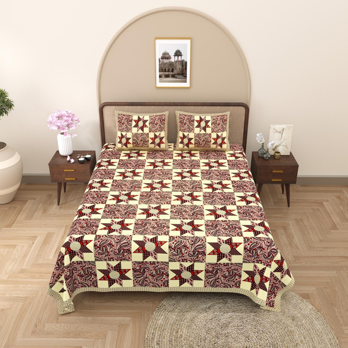 Rajasthani Cotton King Size Printed Flat Bedsheet  90*108 With 2 Zipper Pillow Cover