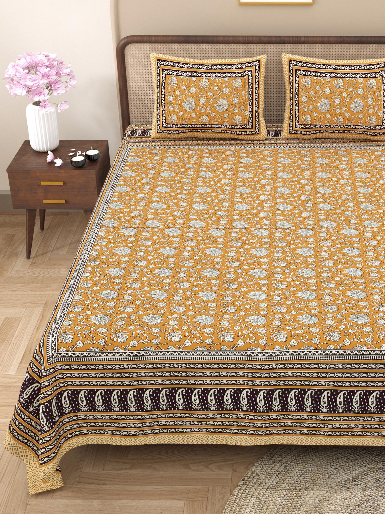 Rajasthani Cotton King Size Printed Flat Bedsheet  90*108 With 2 Zipper Pillow Cover