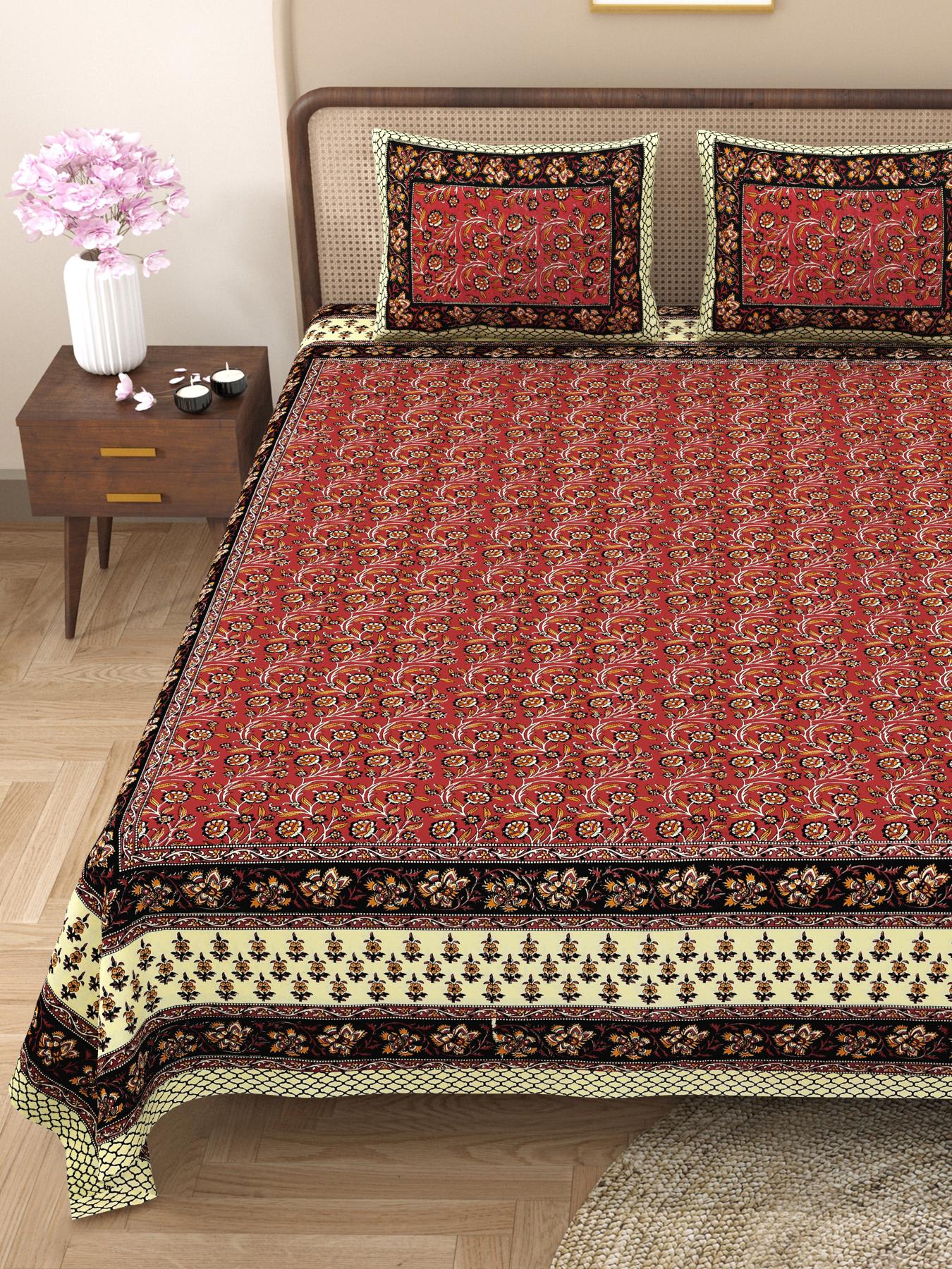 Rajasthani Cotton King Size Printed Flat Bedsheet  90*108 With 2 Zipper Pillow Cover