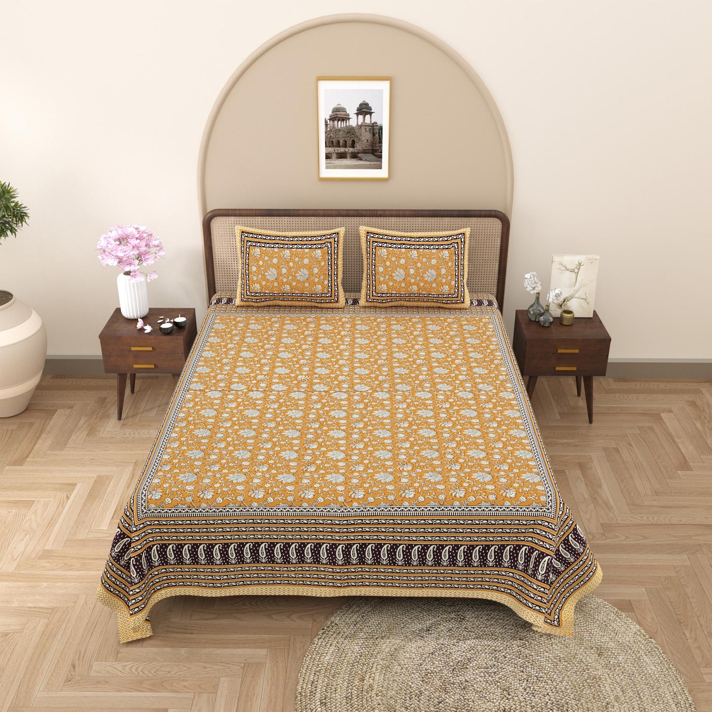 Rajasthani Cotton King Size Printed Flat Bedsheet  90*108 With 2 Zipper Pillow Cover