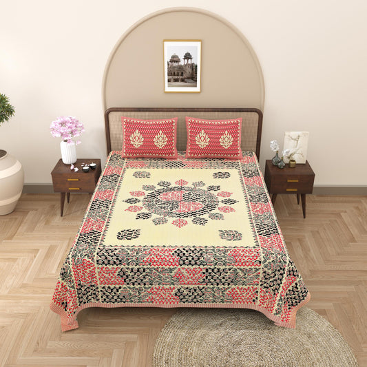 Rajasthani Cotton King Size Printed Flat Bedsheet  90*108 With 2 Zipper Pillow Cover