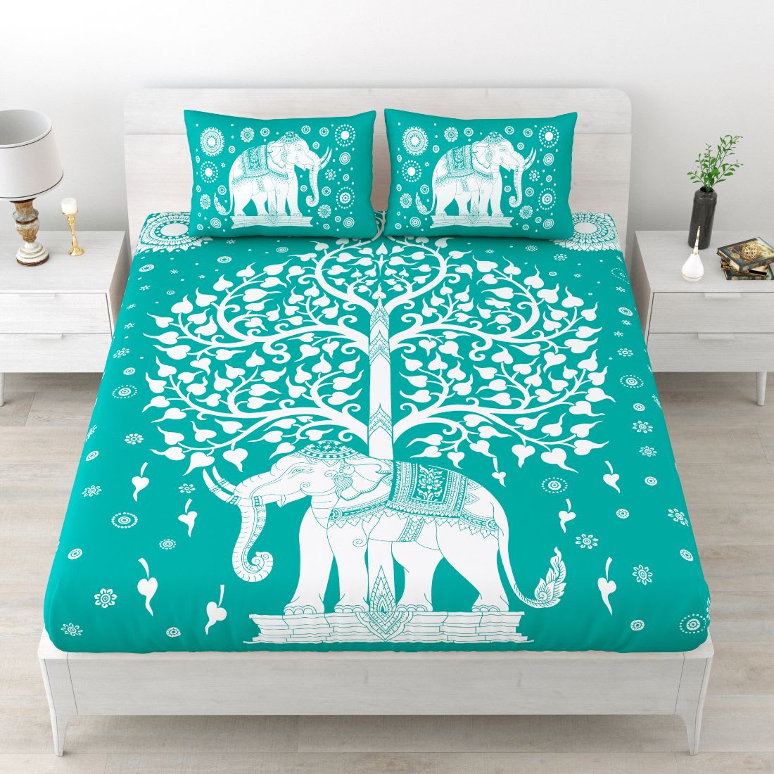Rajasthani Elephant Printed Cotton Double Bed Sheet  with 2 Pillow Cover