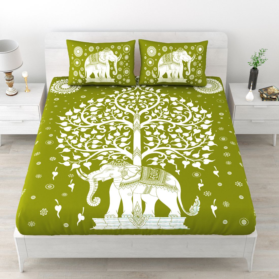 Rajasthani Elephant Printed Cotton Double Bed Sheet  with 2 Pillow Cover
