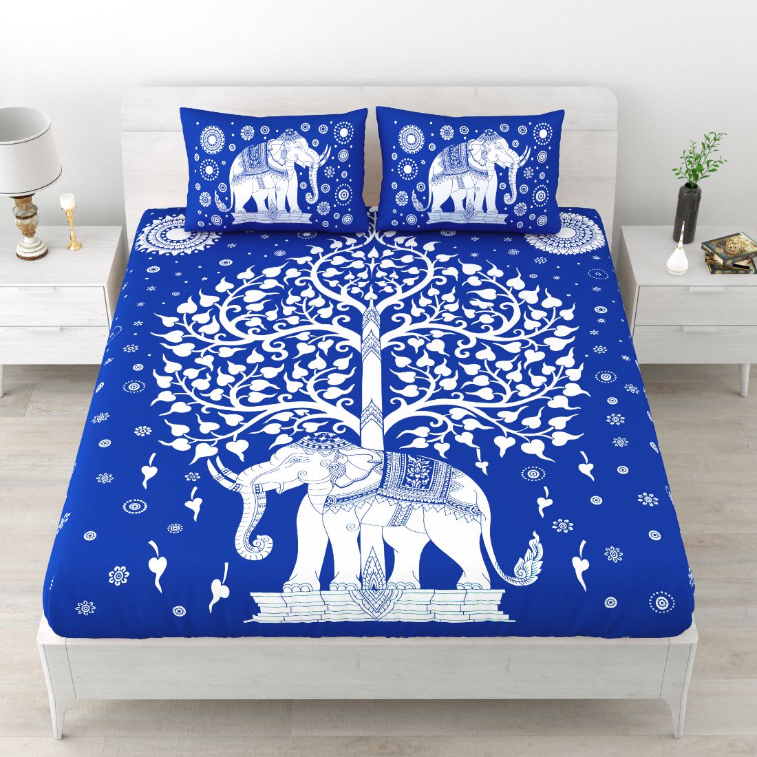 Rajasthani Elephant Printed Cotton Double Bed Sheet  with 2 Pillow Cover