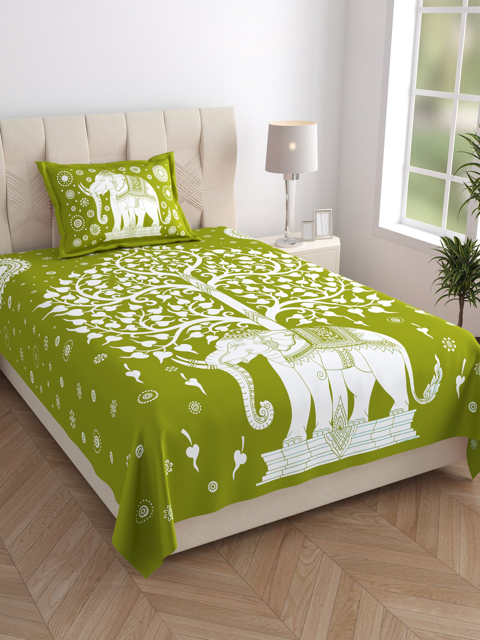 Rajasthani Elephant Printed Cotton Single Bed Sheet  with 1 Pillow Cover