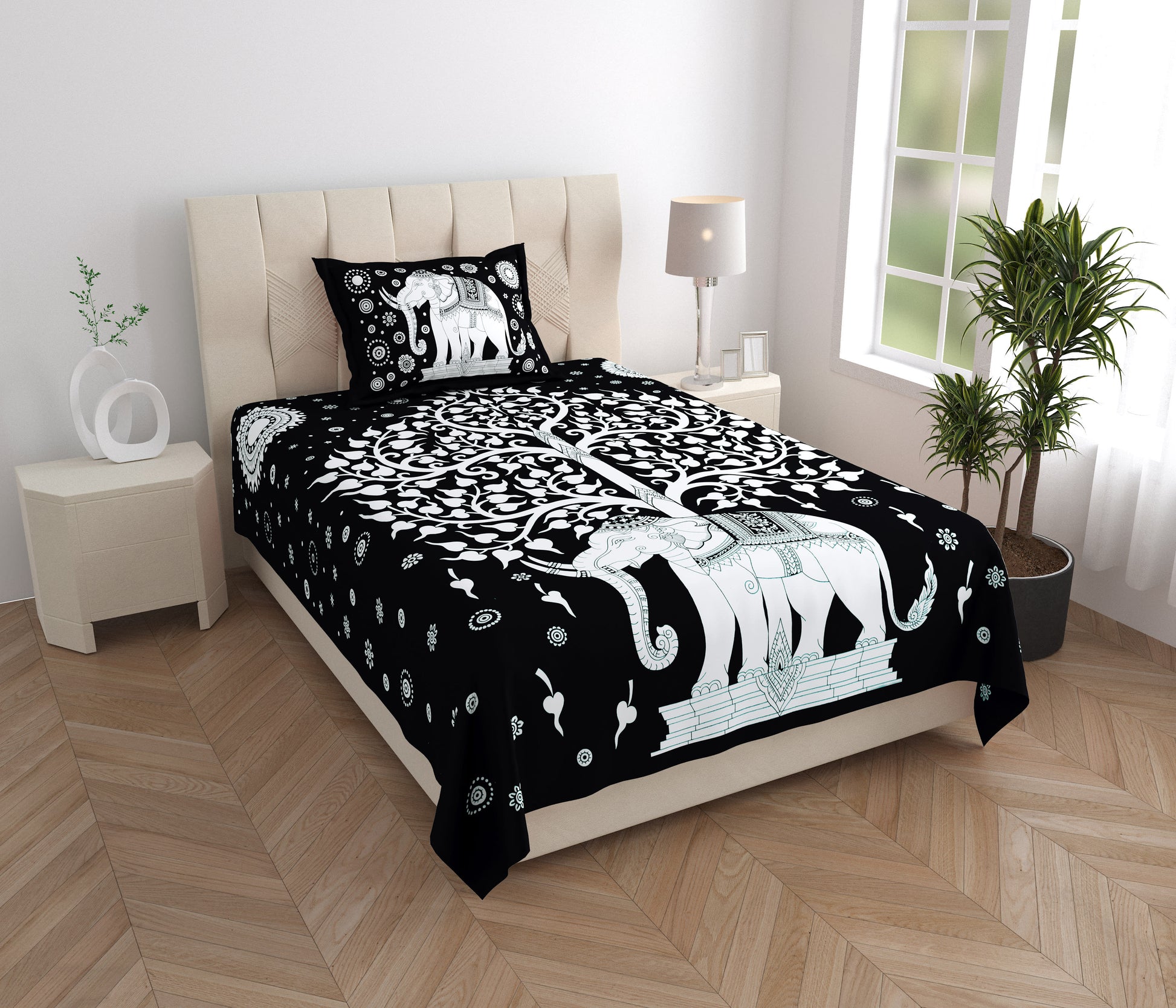 Rajasthani Elephant Printed Cotton Single Bed Sheet  with 1 Pillow Cover