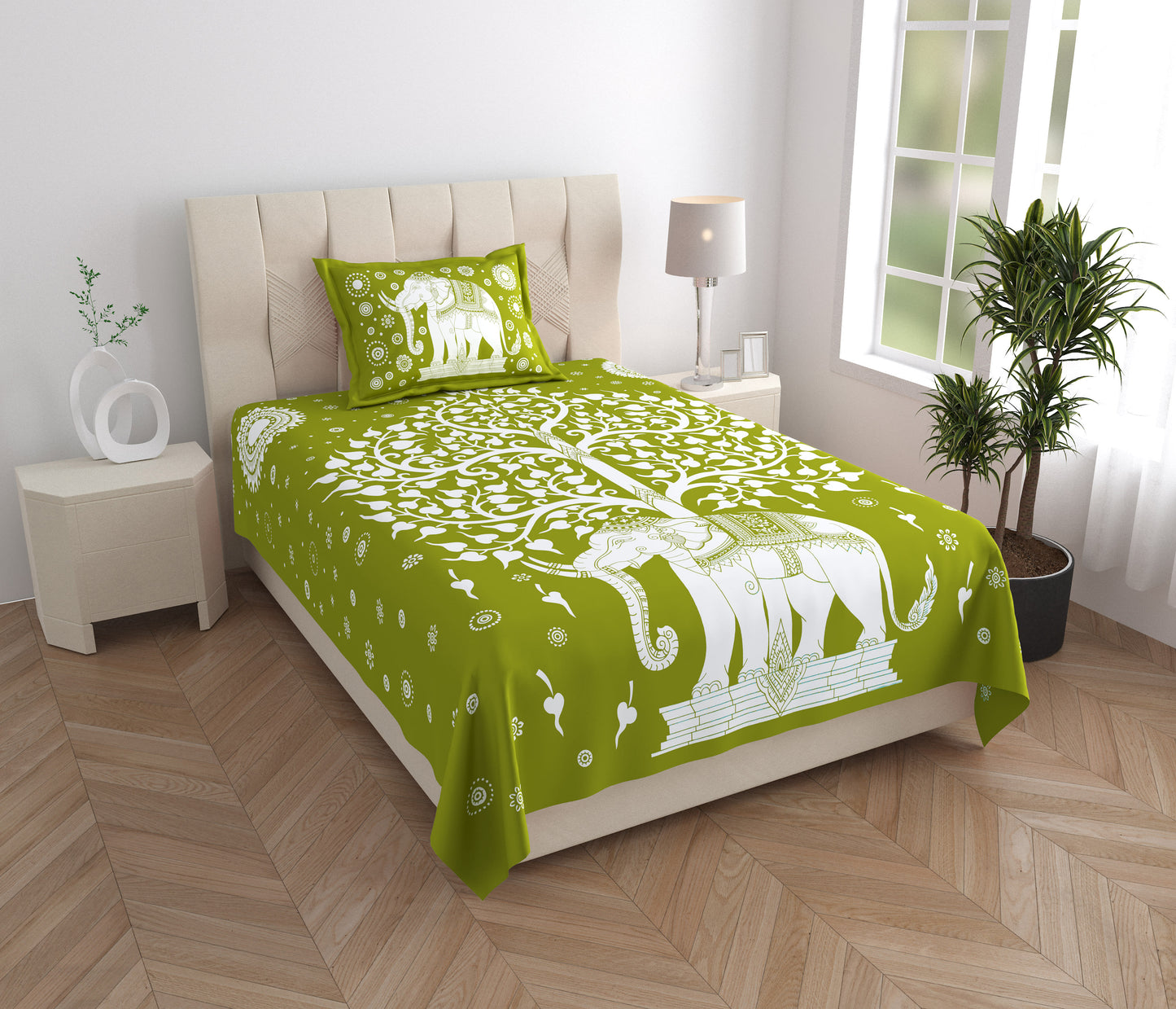 Rajasthani Elephant Printed Cotton Single Bed Sheet  with 1 Pillow Cover