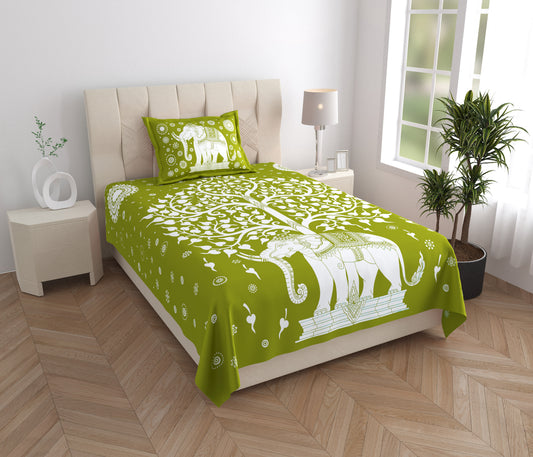 Rajasthani Elephant Printed Cotton Single Bed Sheet  with 1 Pillow Cover