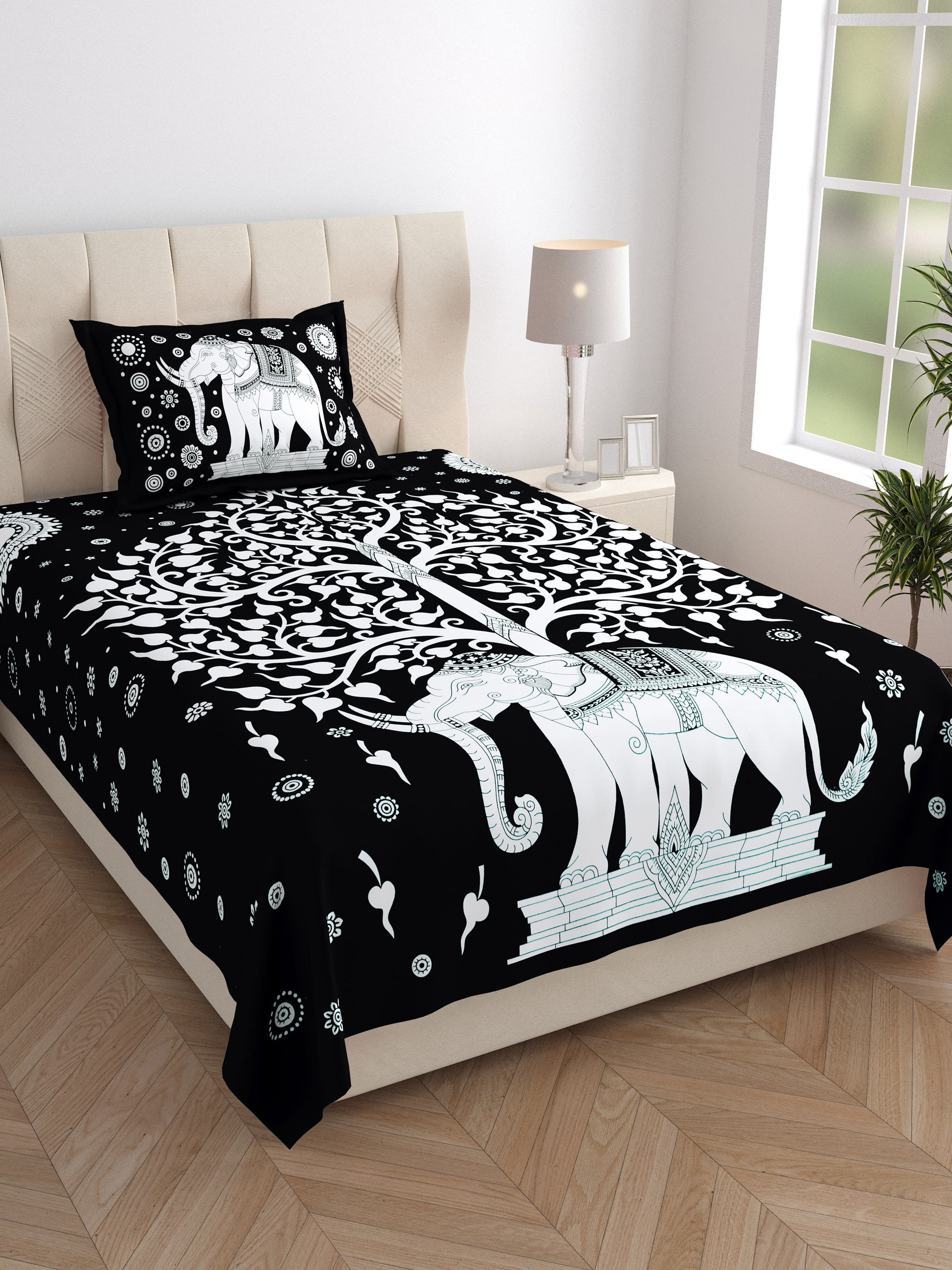 Rajasthani Elephant Printed Cotton Single Bed Sheet  with 1 Pillow Cover