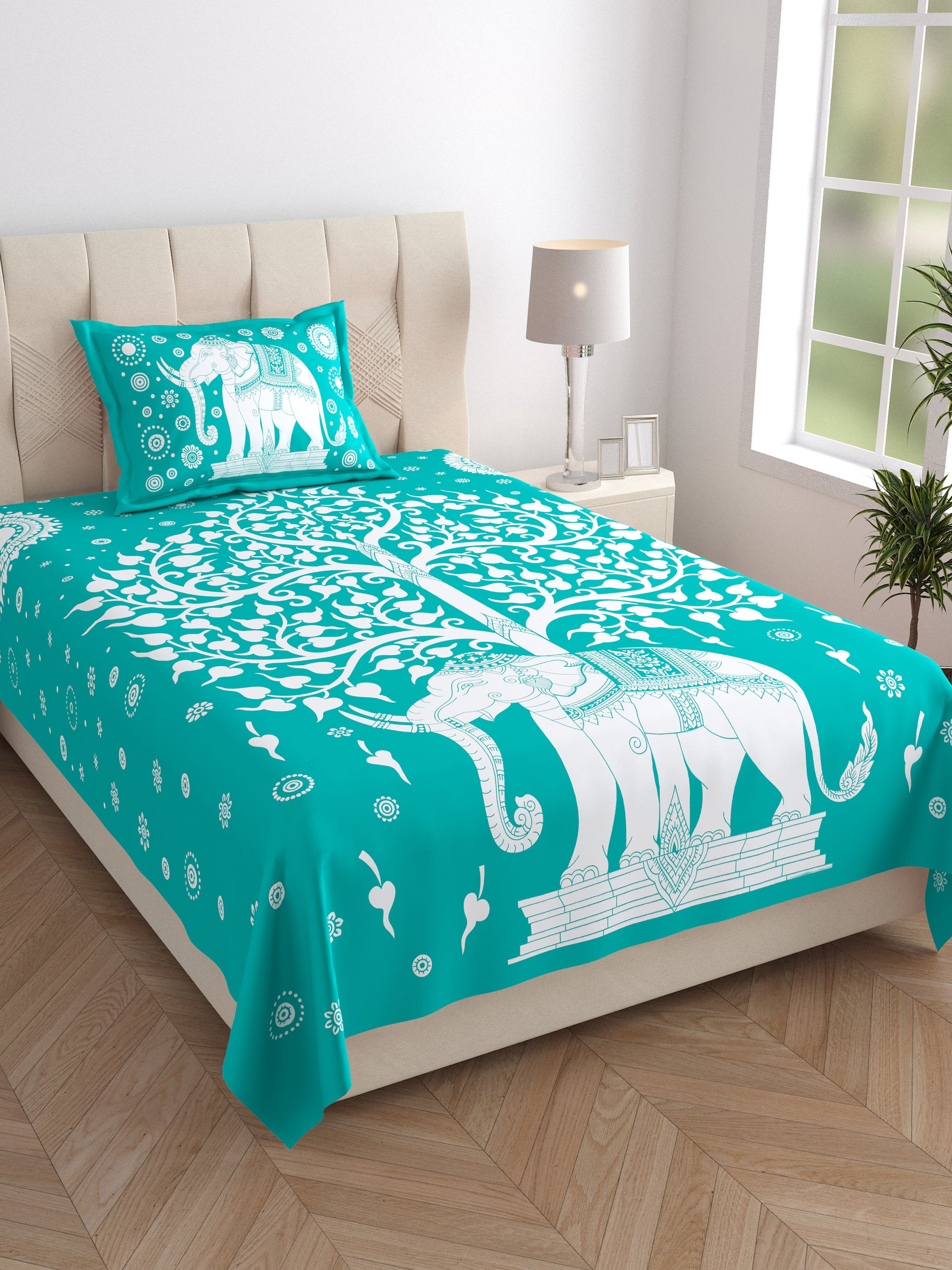 Rajasthani Elephant Printed Cotton Single Bed Sheet  with 1 Pillow Cover
