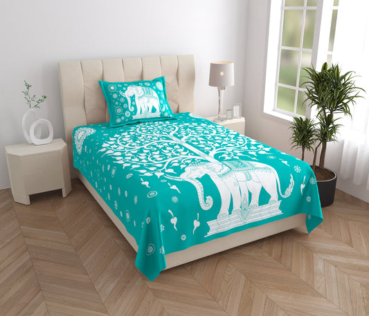 Rajasthani Elephant Printed Cotton Single Bed Sheet  with 1 Pillow Cover