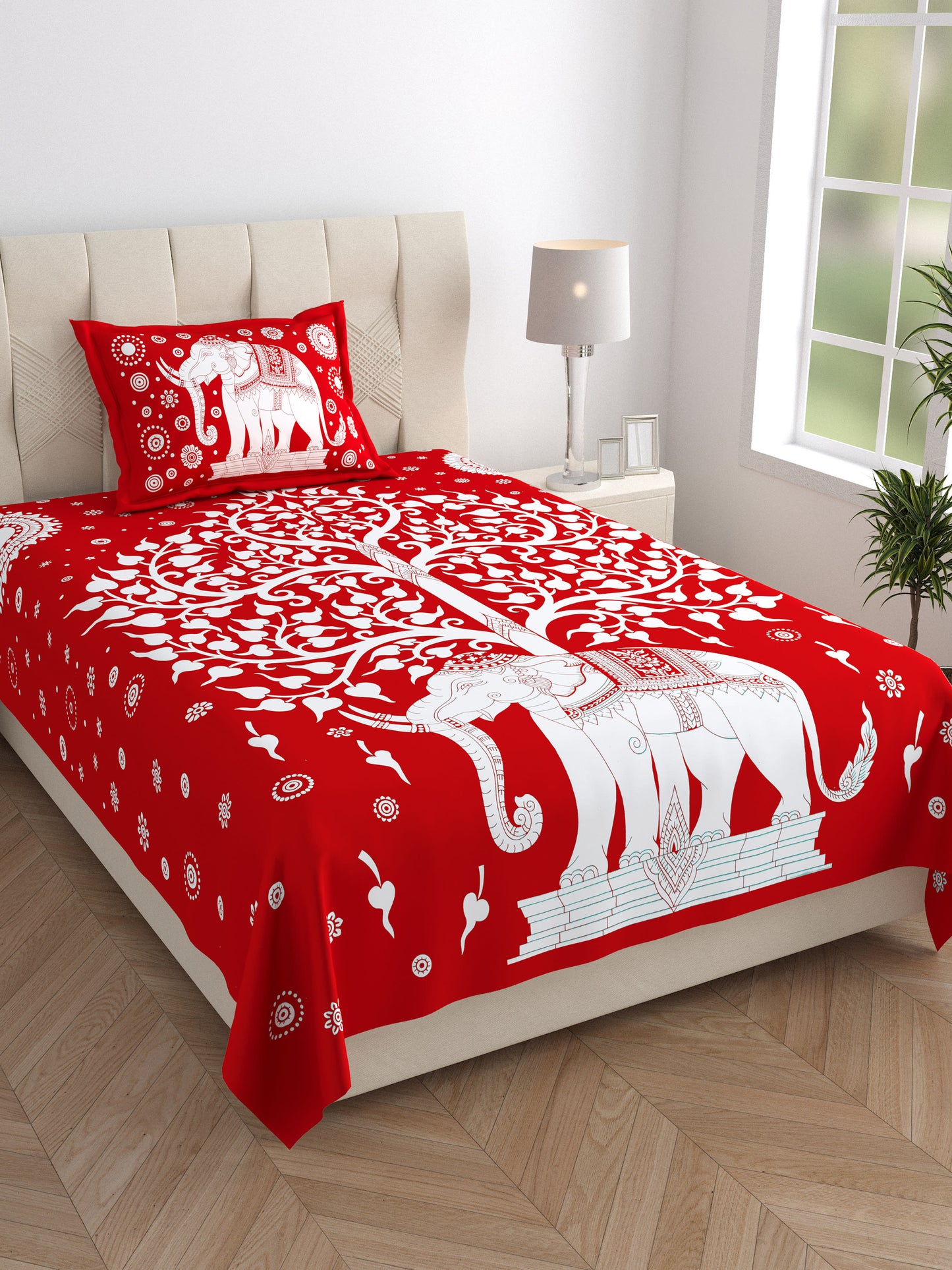 Rajasthani Elephant Printed Cotton Single Bed Sheet  with 1 Pillow Cover
