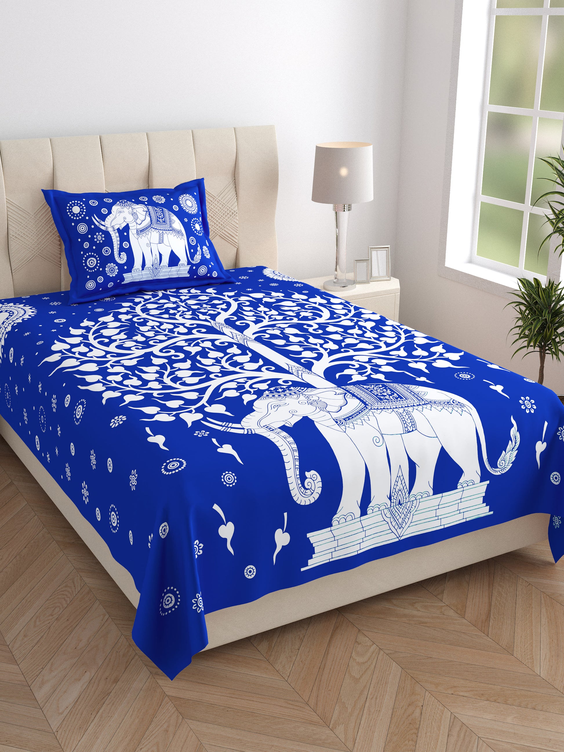 Rajasthani Elephant Printed Cotton Single Bed Sheet  with 1 Pillow Cover