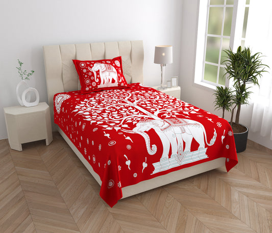 Rajasthani Elephant Printed Cotton Single Bed Sheet  with 1 Pillow Cover