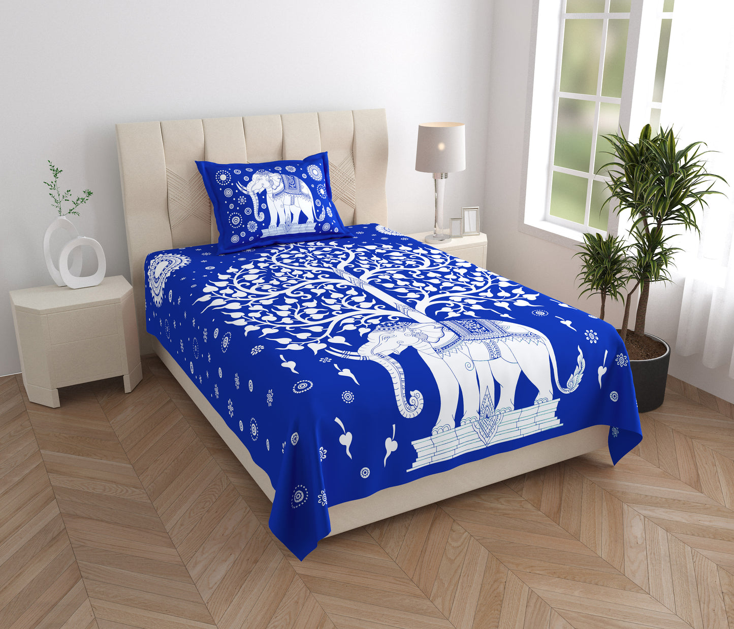 Rajasthani Elephant Printed Cotton Single Bed Sheet  with 1 Pillow Cover