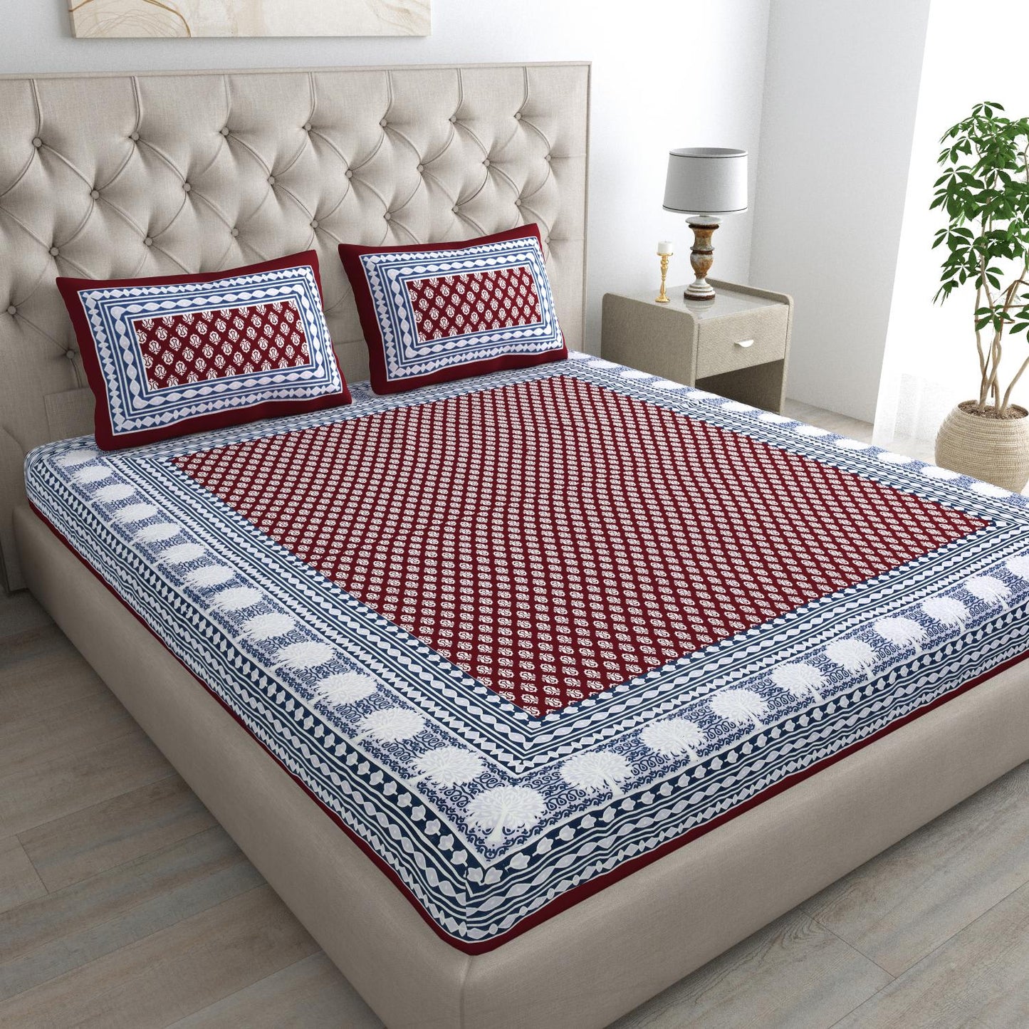 Jaipuri Cotton Double  Flat Bedsheet  With 2 Pillow Cover