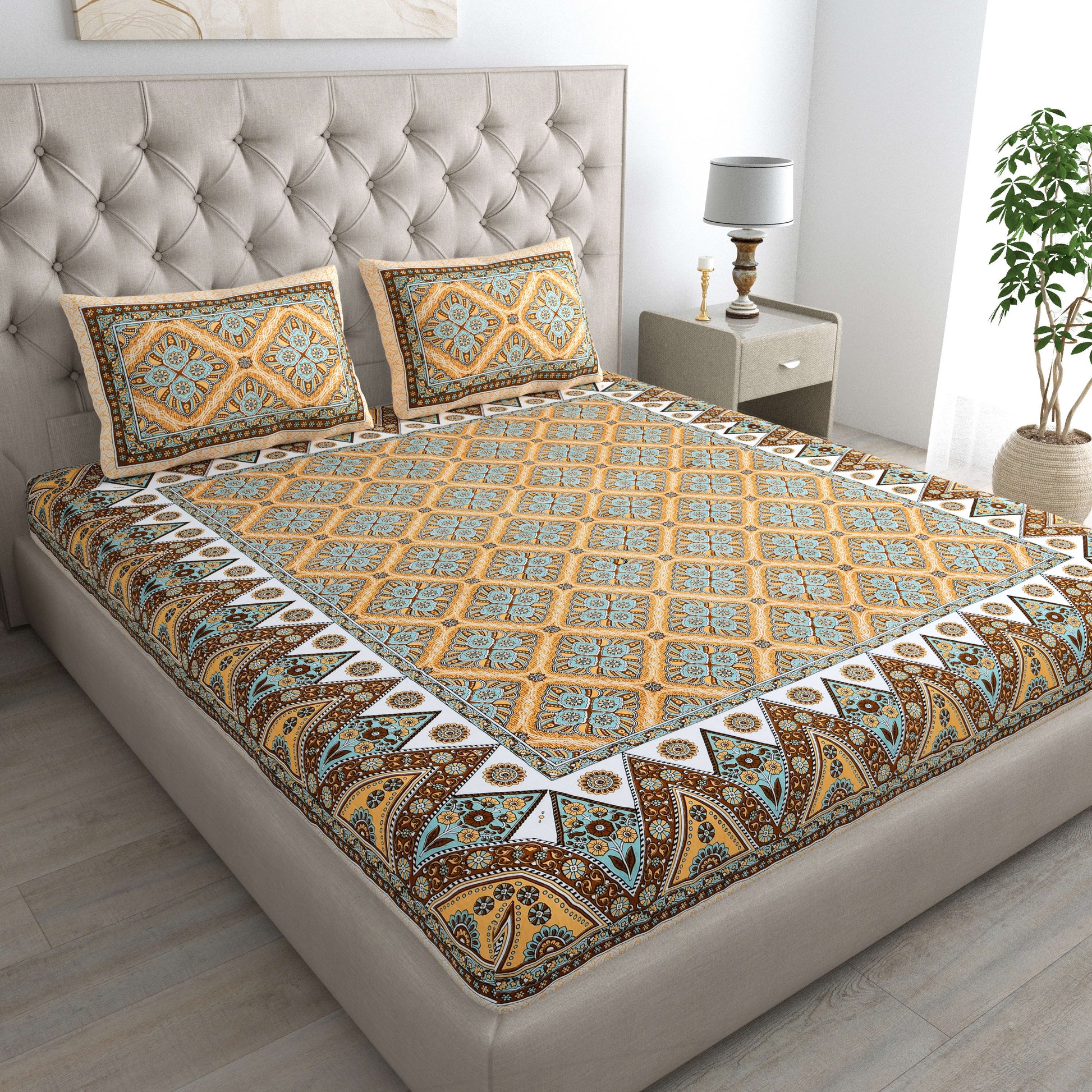 Jaipuri Cotton Double  Flat Bedsheet  With 2 Pillow Cover