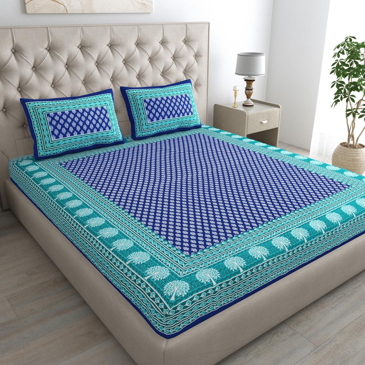 Jaipuri Cotton Double  Flat Bedsheet  With 2 Pillow Cover