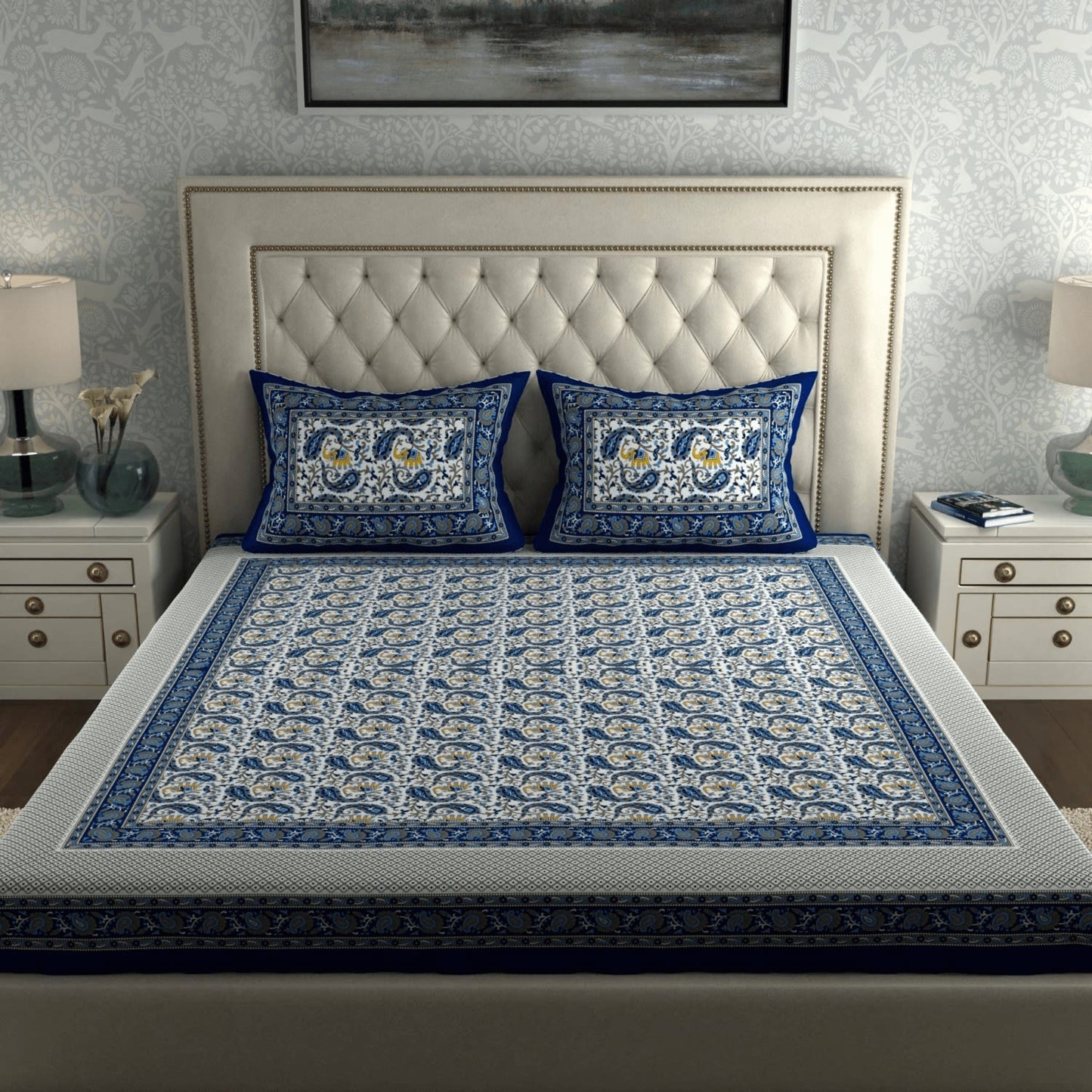 Rajasthani Jaipuri Traditional Double Bed Bedsheet with 2 Pillow Covers - ( Blue)