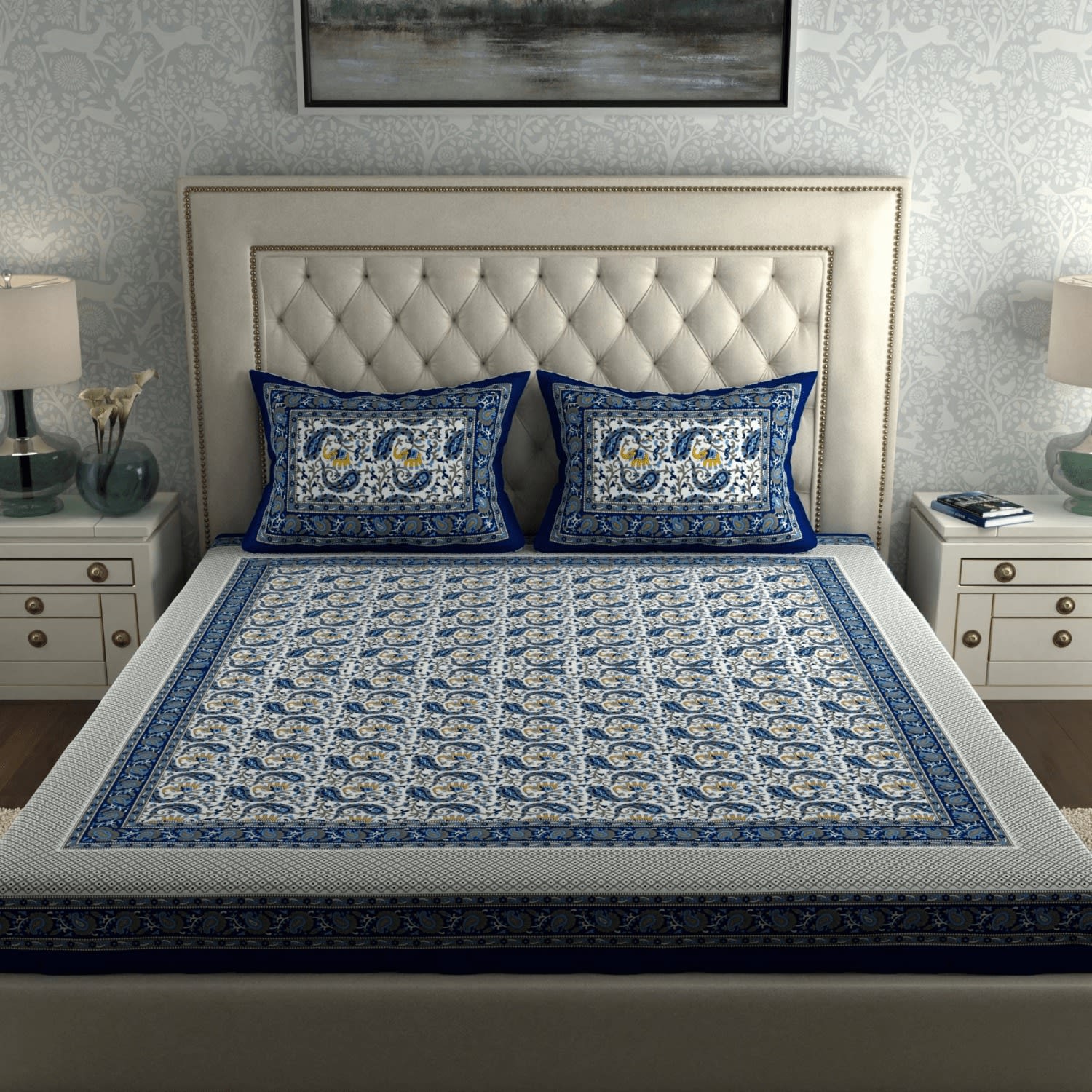 Rajasthani Jaipuri Traditional Double Bed Bedsheet with 2 Pillow Covers - ( Blue)