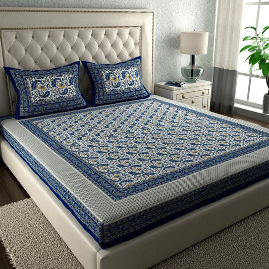 Rajasthani Jaipuri Traditional Double Bed Bedsheet with 2 Pillow Covers - ( Blue)