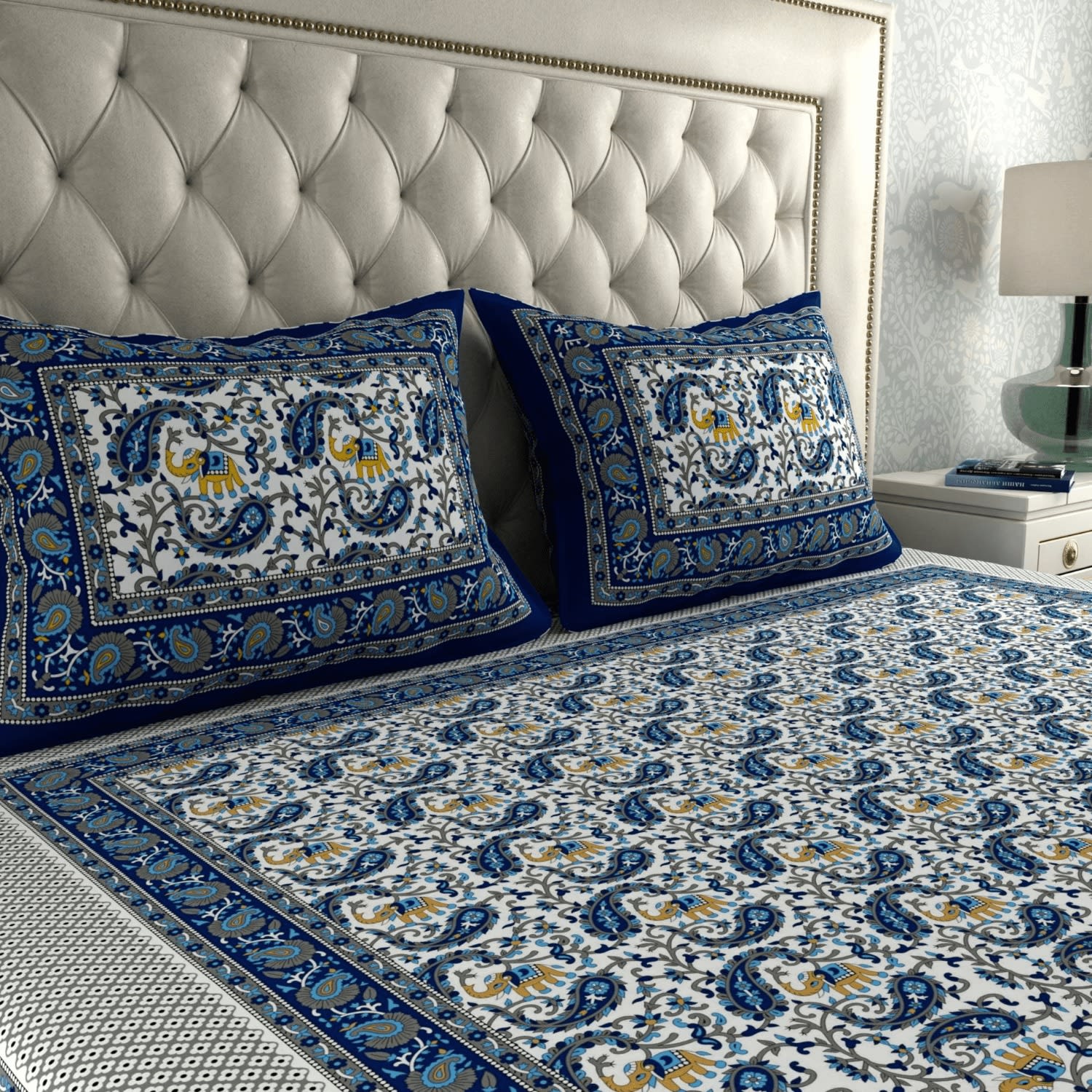 Rajasthani Jaipuri Traditional Double Bed Bedsheet with 2 Pillow Covers - ( Blue)