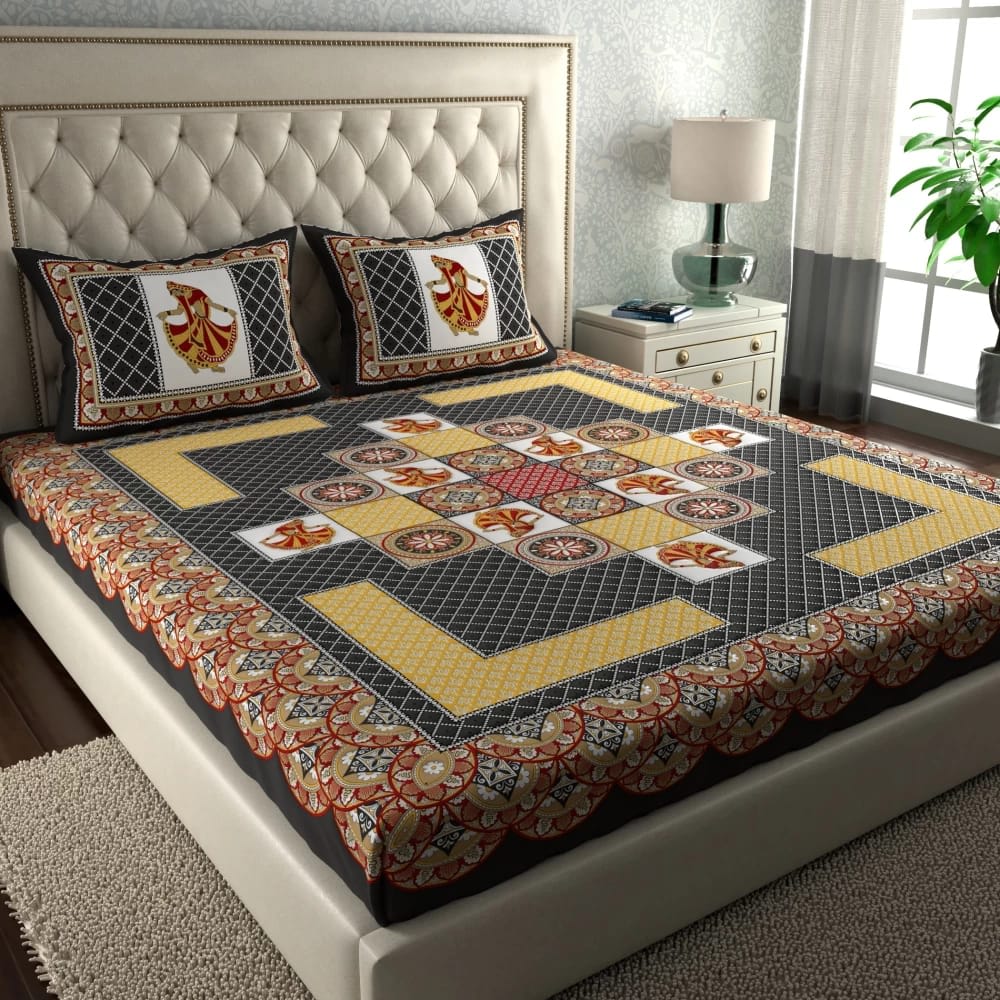 Rajasthani Jaipuri Traditional Double Bed Bedsheet with 2 Pillow Covers - ( GREY)