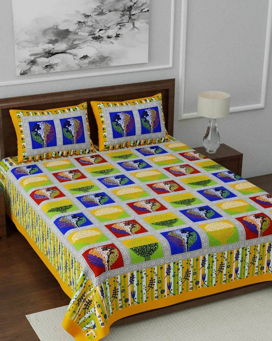 Rajasthani Jaipuri Traditional Double Bed Bedsheet with 2 Pillow Covers - ( Yellow)