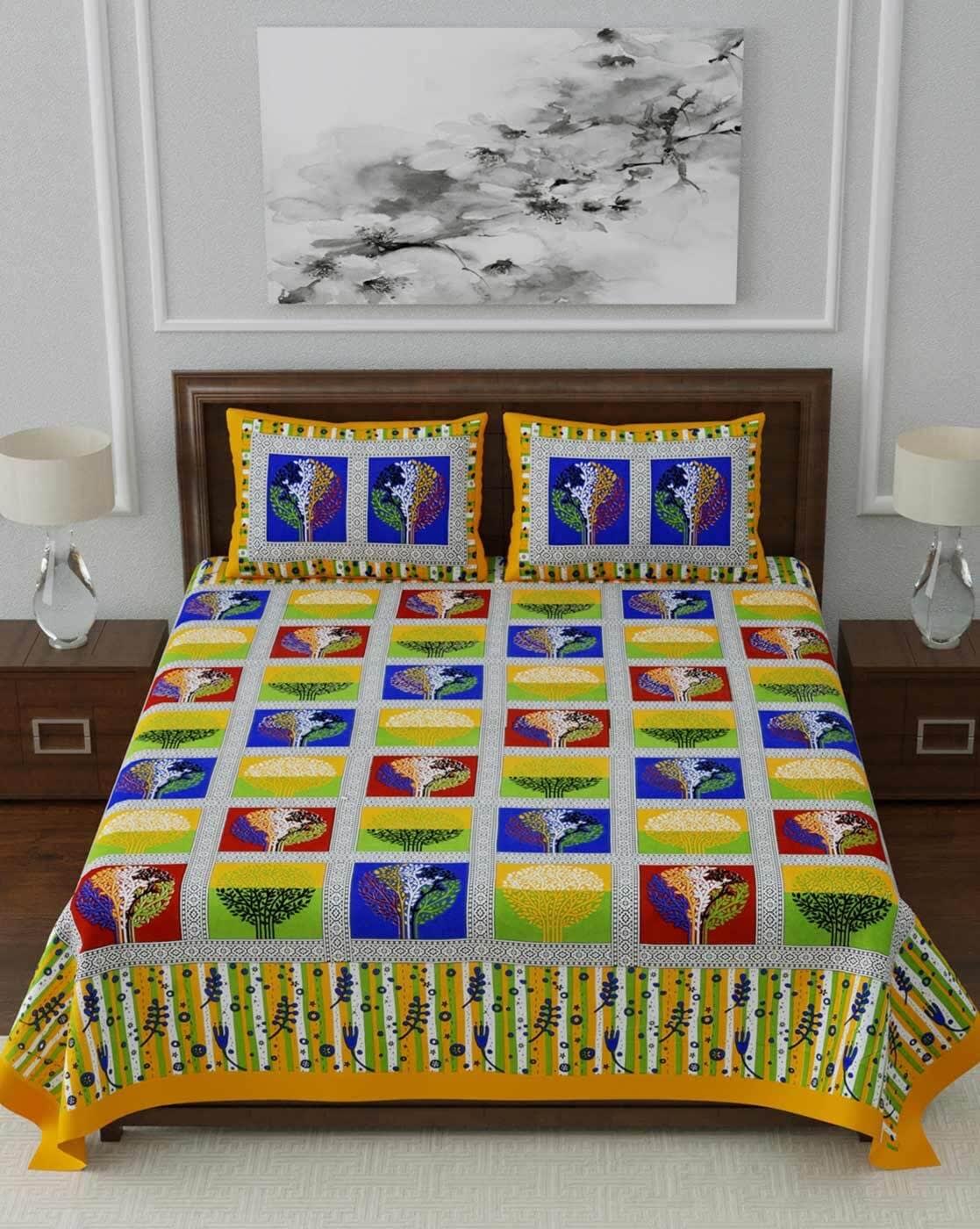 Rajasthani Jaipuri Traditional Double Bed Bedsheet with 2 Pillow Covers - ( Yellow)