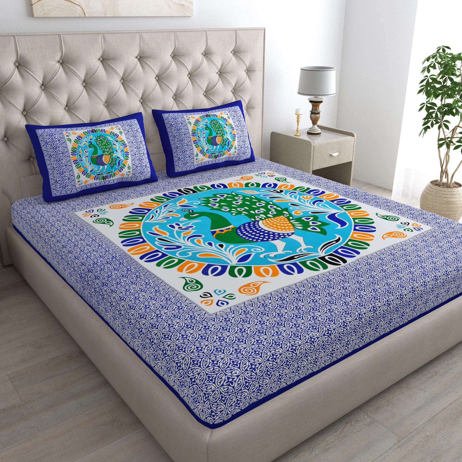 Rajasthani Jaipuri Traditional Double Bed Bedsheet with 2 Pillow Covers