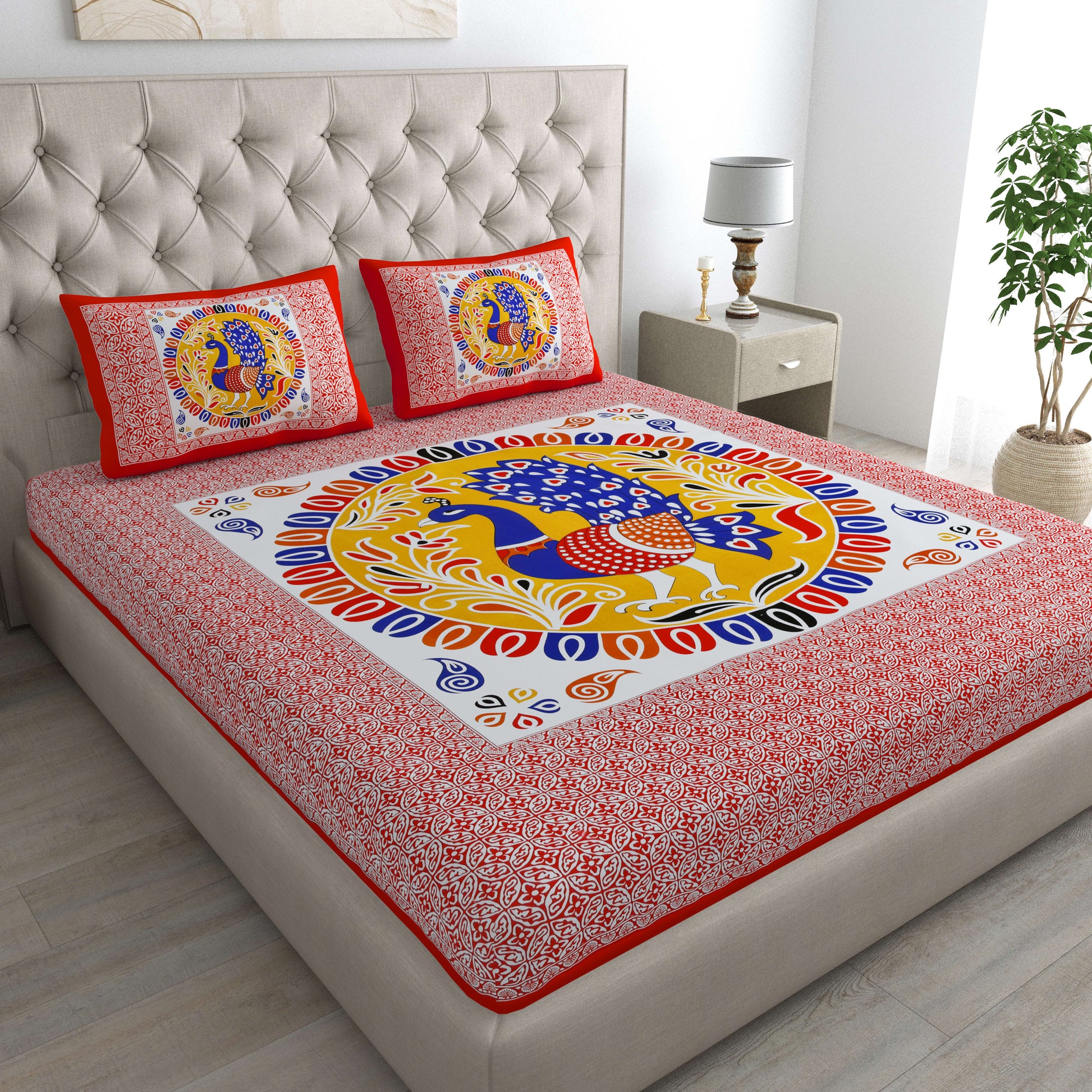 Rajasthani Jaipuri Traditional Double Bed Bedsheet with 2 Pillow Covers