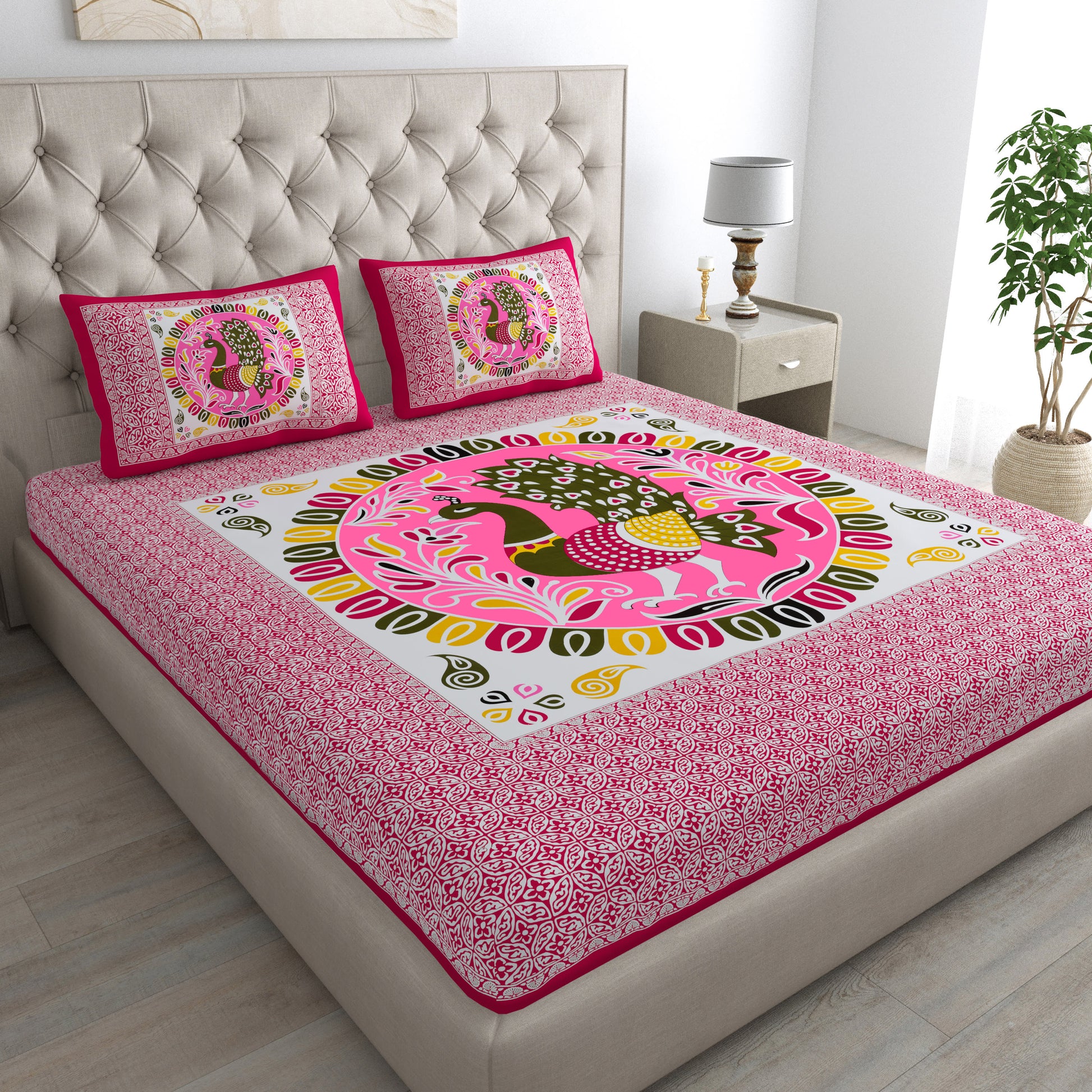 Rajasthani Jaipuri Traditional Double Bed Bedsheet with 2 Pillow Covers