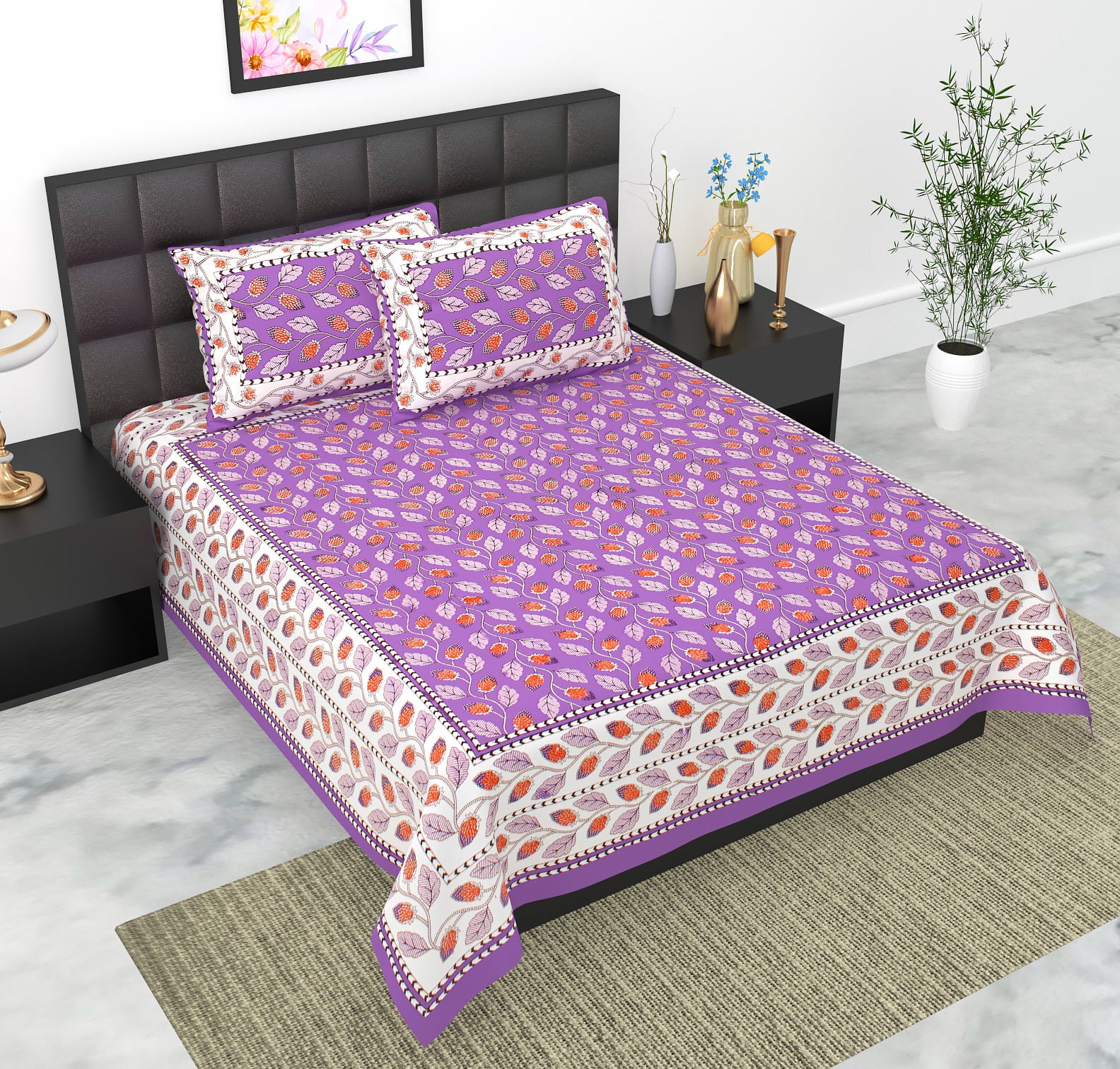 Rajasthani Jaipuri Traditional Double Bed Bedsheet with 2 Pillow Covers
