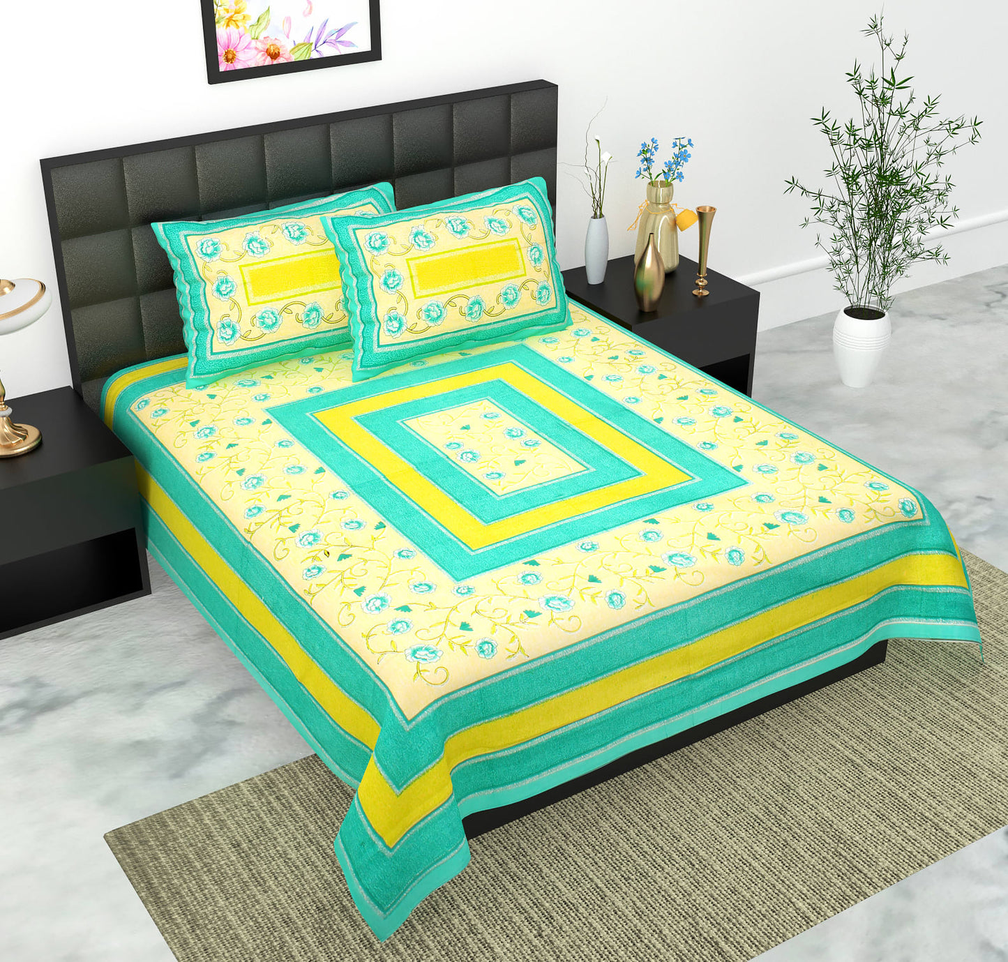Rajasthani Jaipuri Traditional Double Bed Bedsheet with 2 Pillow Covers