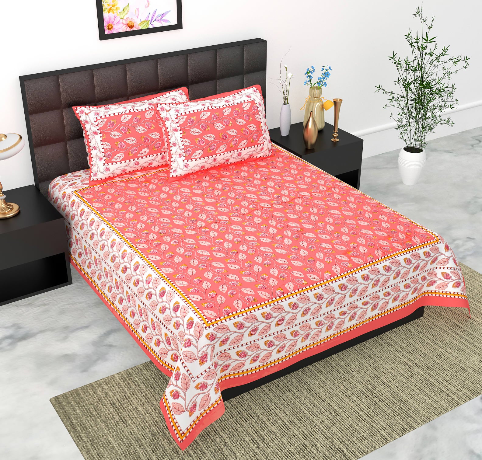 Rajasthani Jaipuri Traditional Double Bed Bedsheet with 2 Pillow Covers