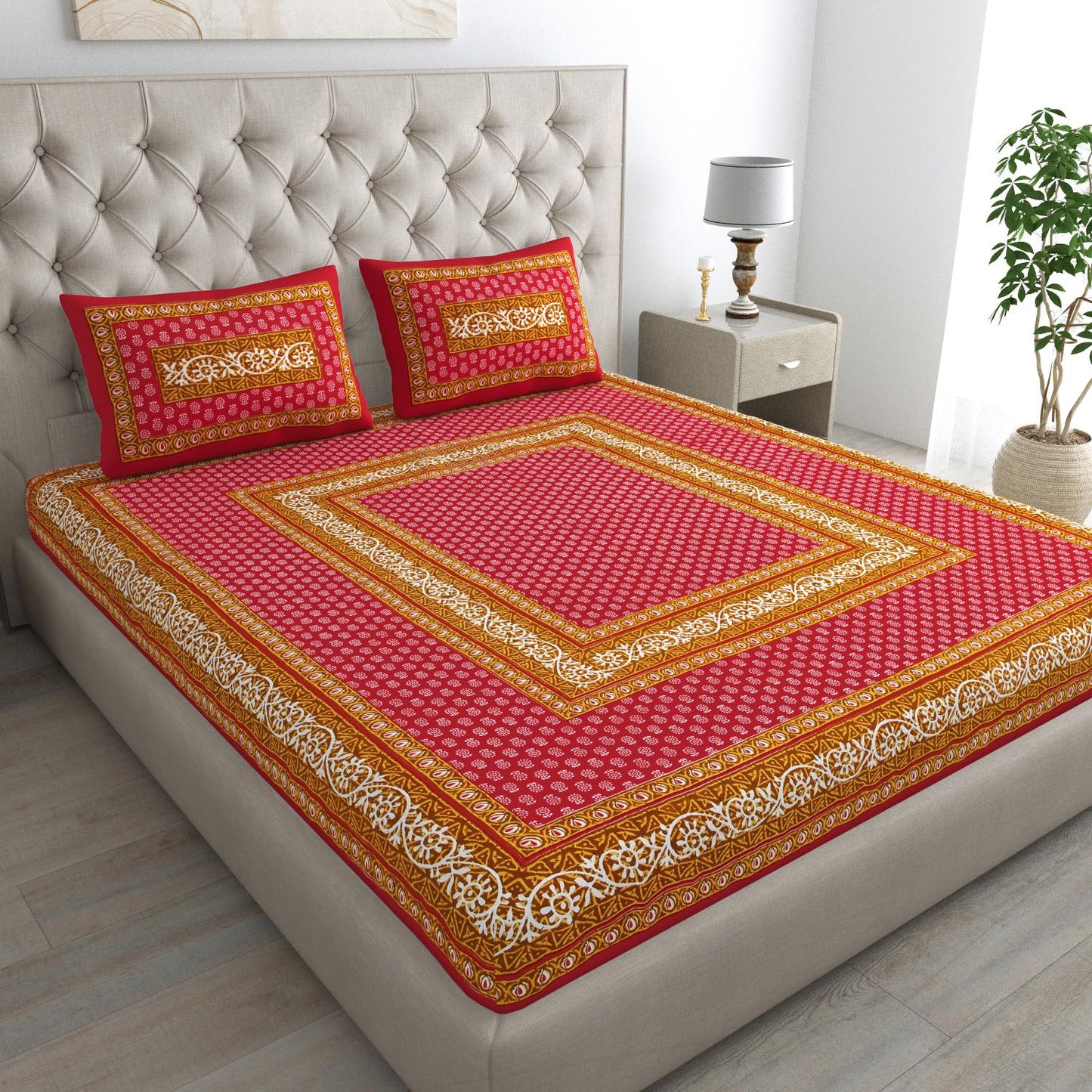 Rajasthani Jaipuri Traditional Double Bed Bedsheet with 2 Pillow Covers