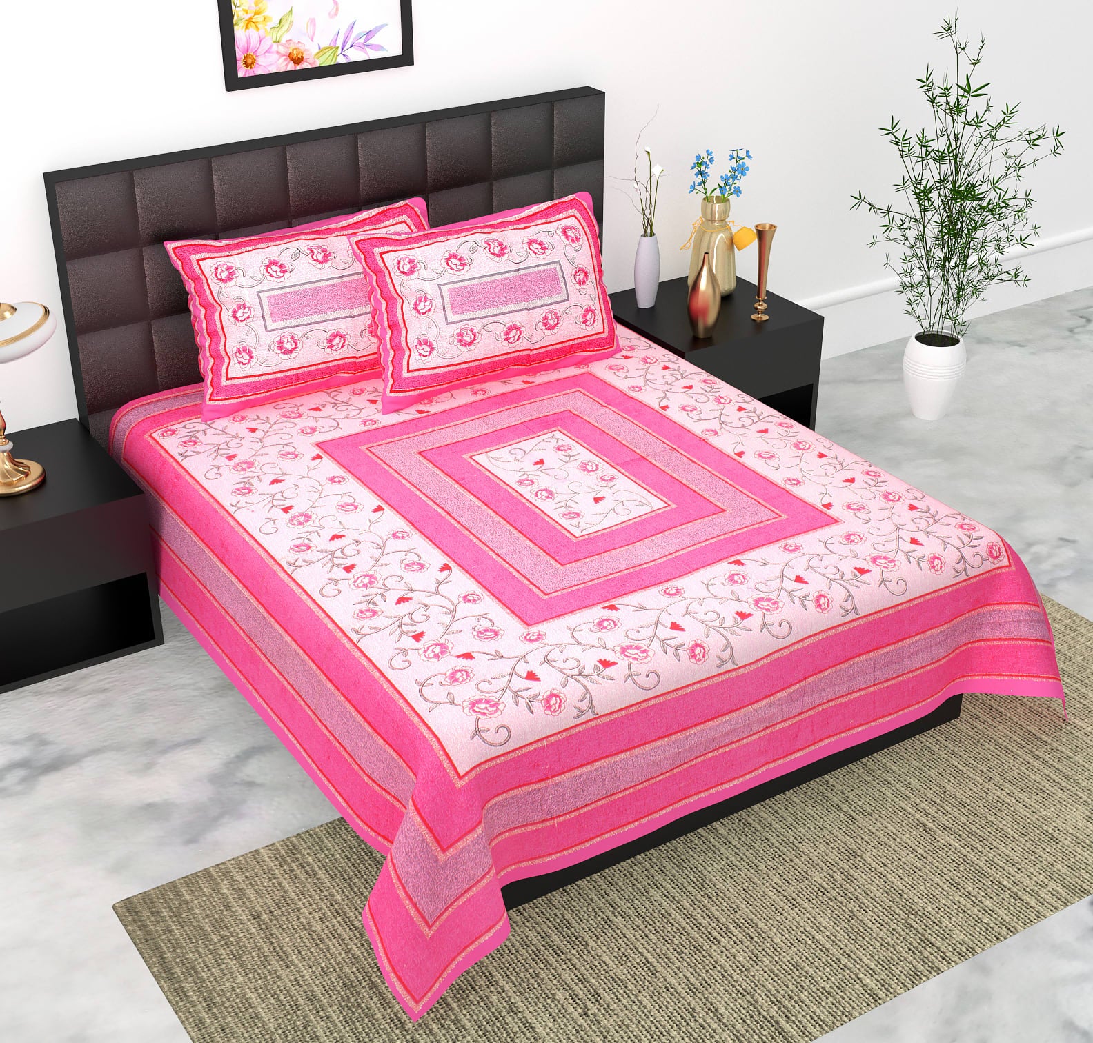 Rajasthani Jaipuri Traditional Double Bed Bedsheet with 2 Pillow Covers