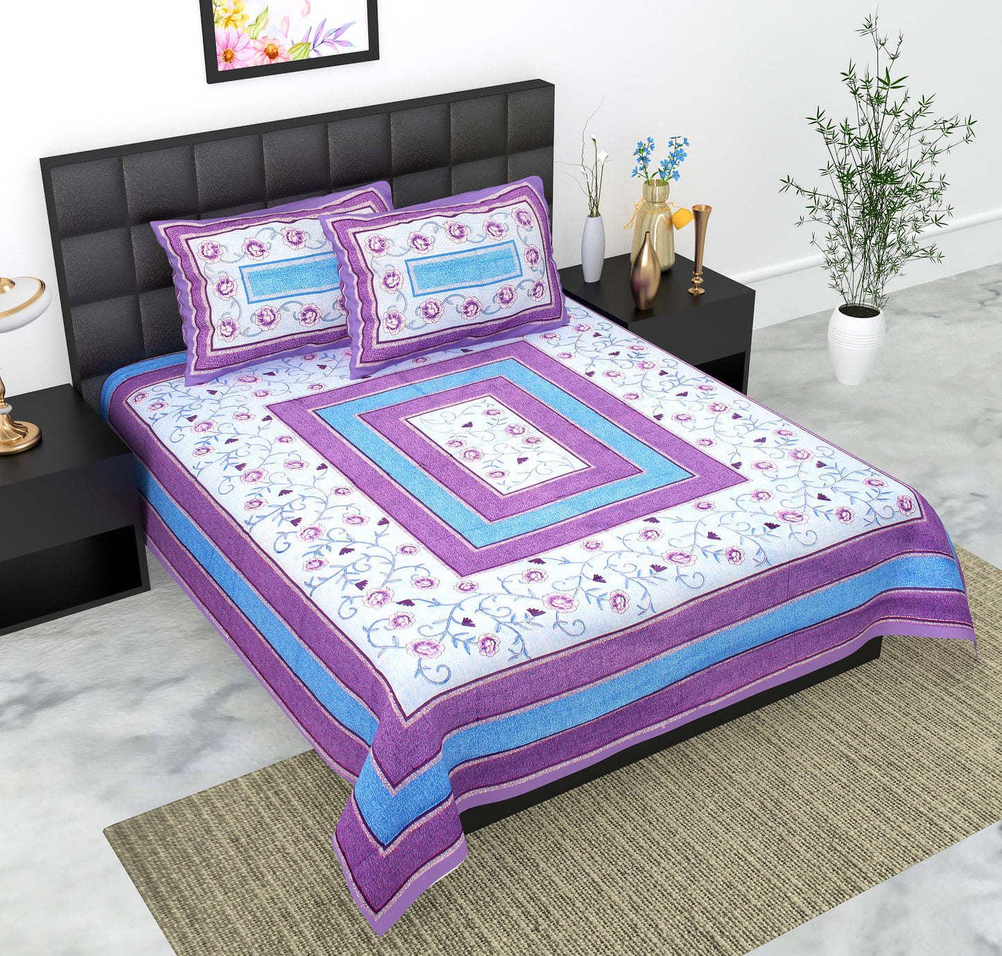 Rajasthani Jaipuri Traditional Double Bed Bedsheet with 2 Pillow Covers