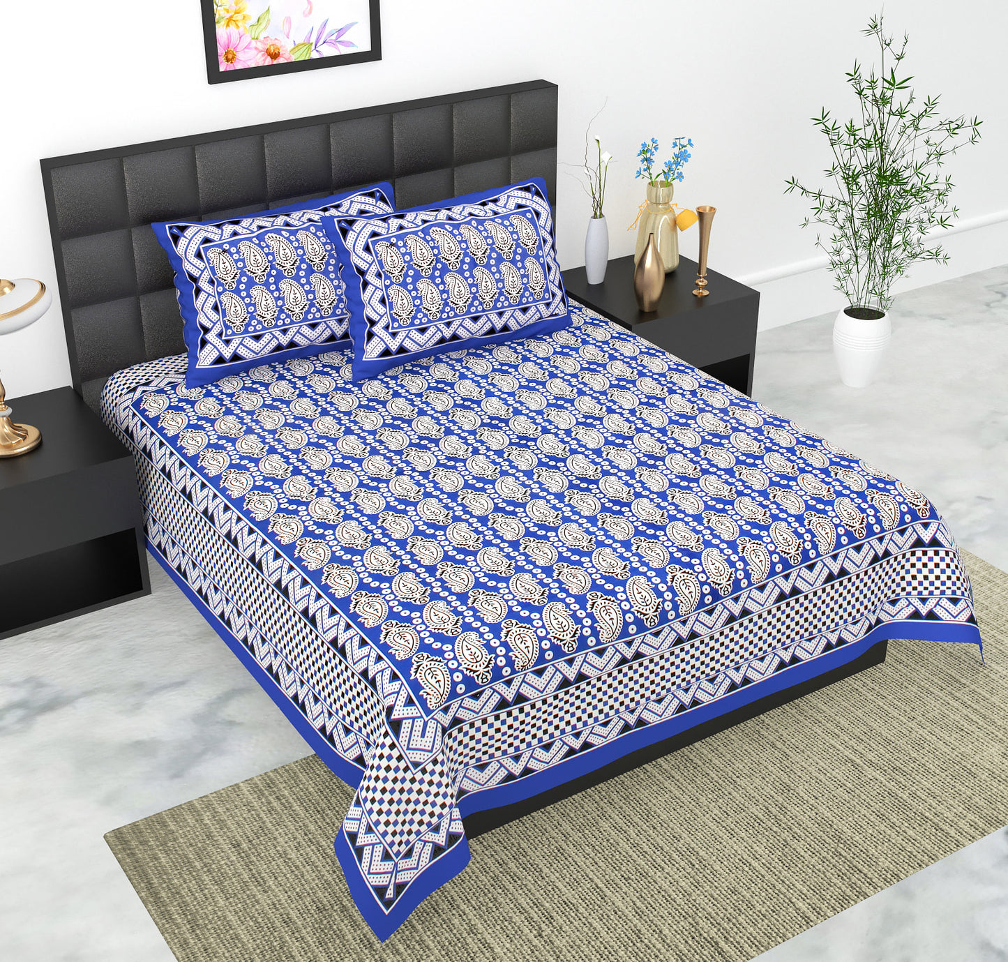 Rajasthani Jaipuri Traditional Double Bed Bedsheet with 2 Pillow Covers