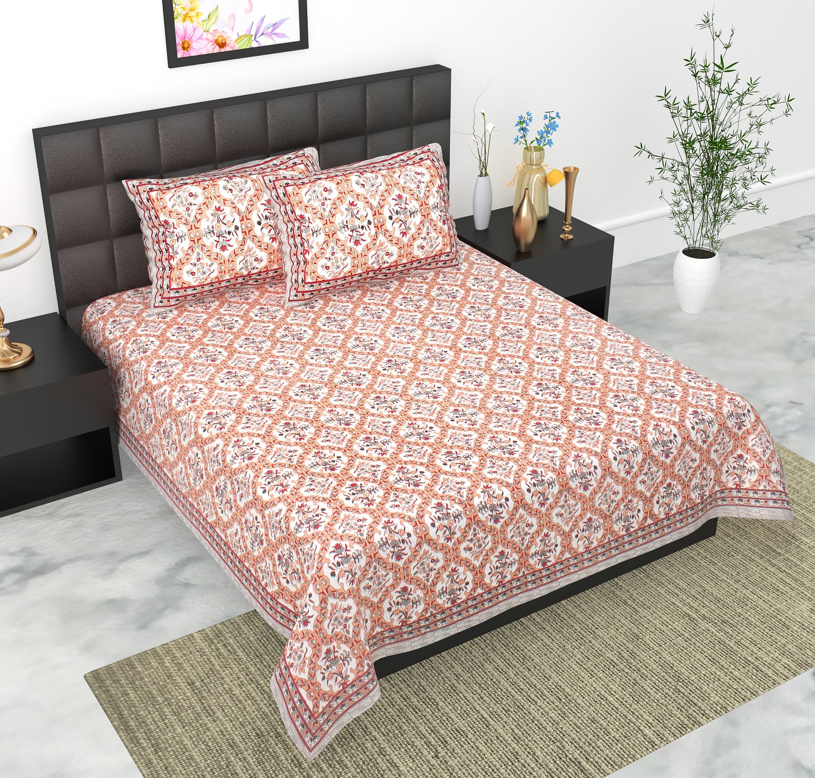 Rajasthani Jaipuri Traditional Double Bed Bedsheet with 2 Pillow Covers -(Red)