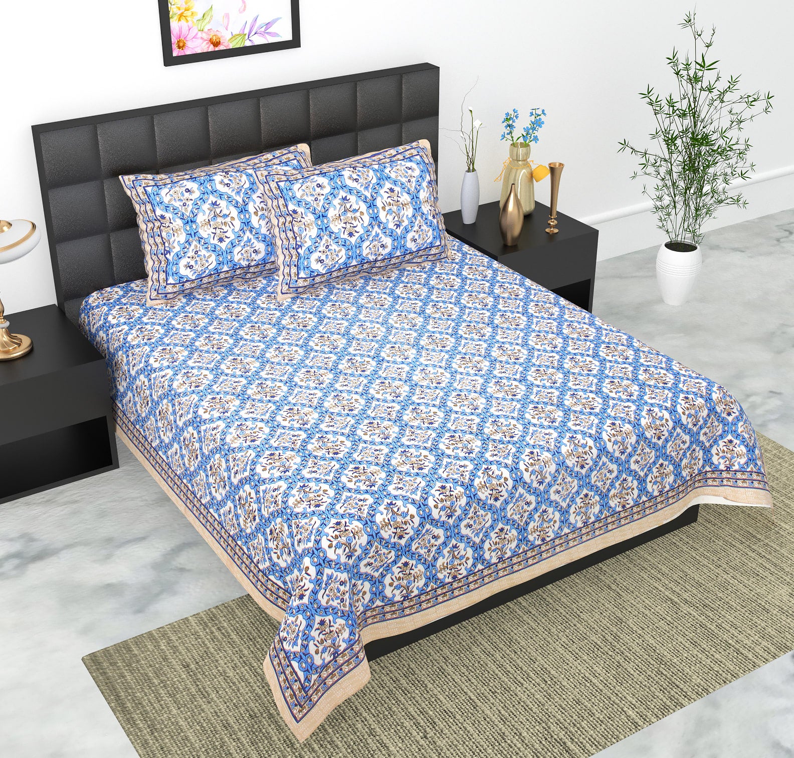 Rajasthani Jaipuri Traditional Double Bed Bedsheet with 2 Pillow Covers -(Red)