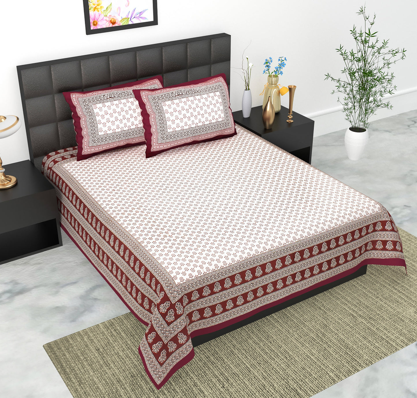 Rajasthani Jaipuri Traditional Double Bed Bedsheet with 2 Pillow Covers -(Red)