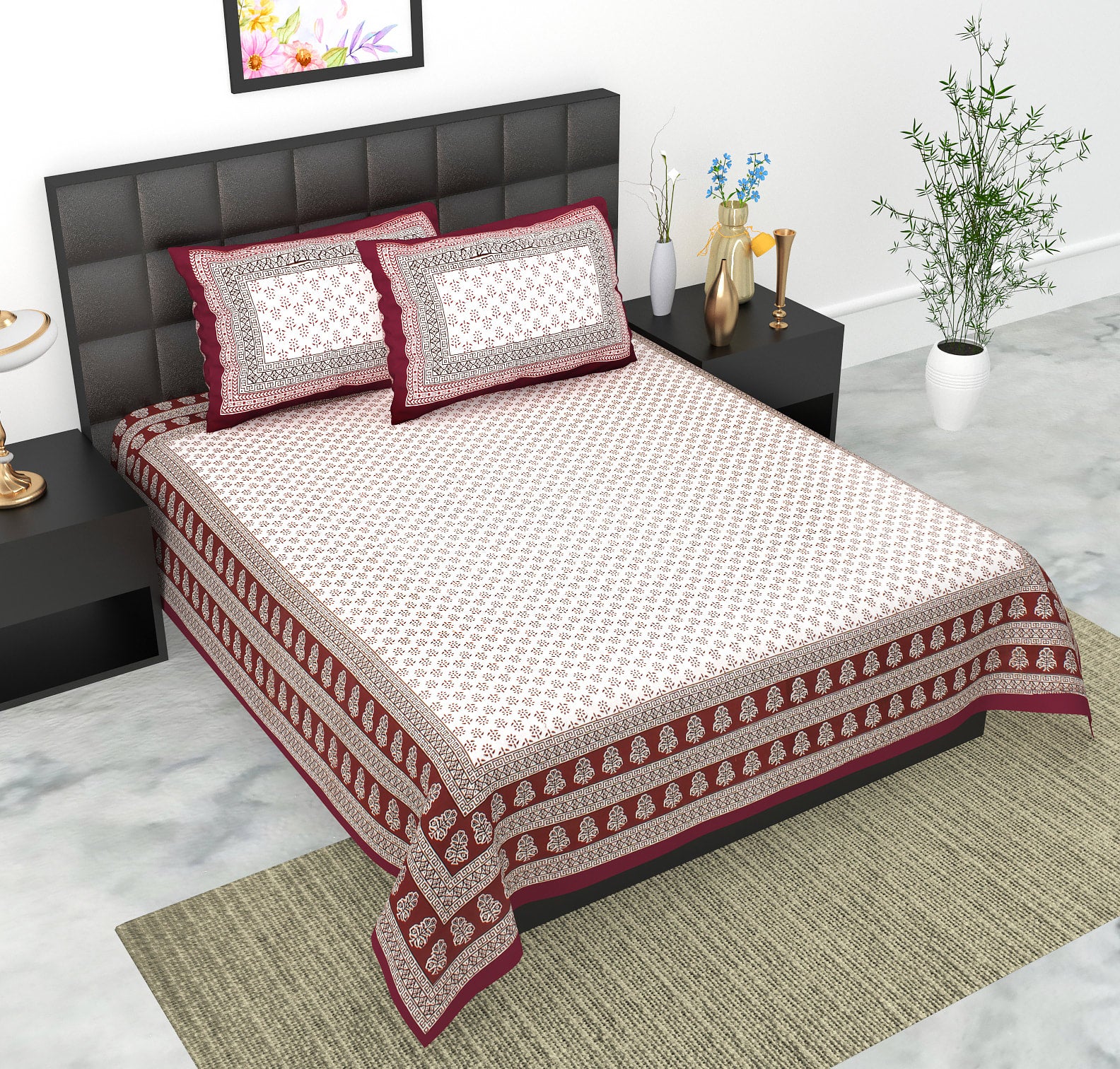 Rajasthani Jaipuri Traditional Double Bed Bedsheet with 2 Pillow Covers -(Red)