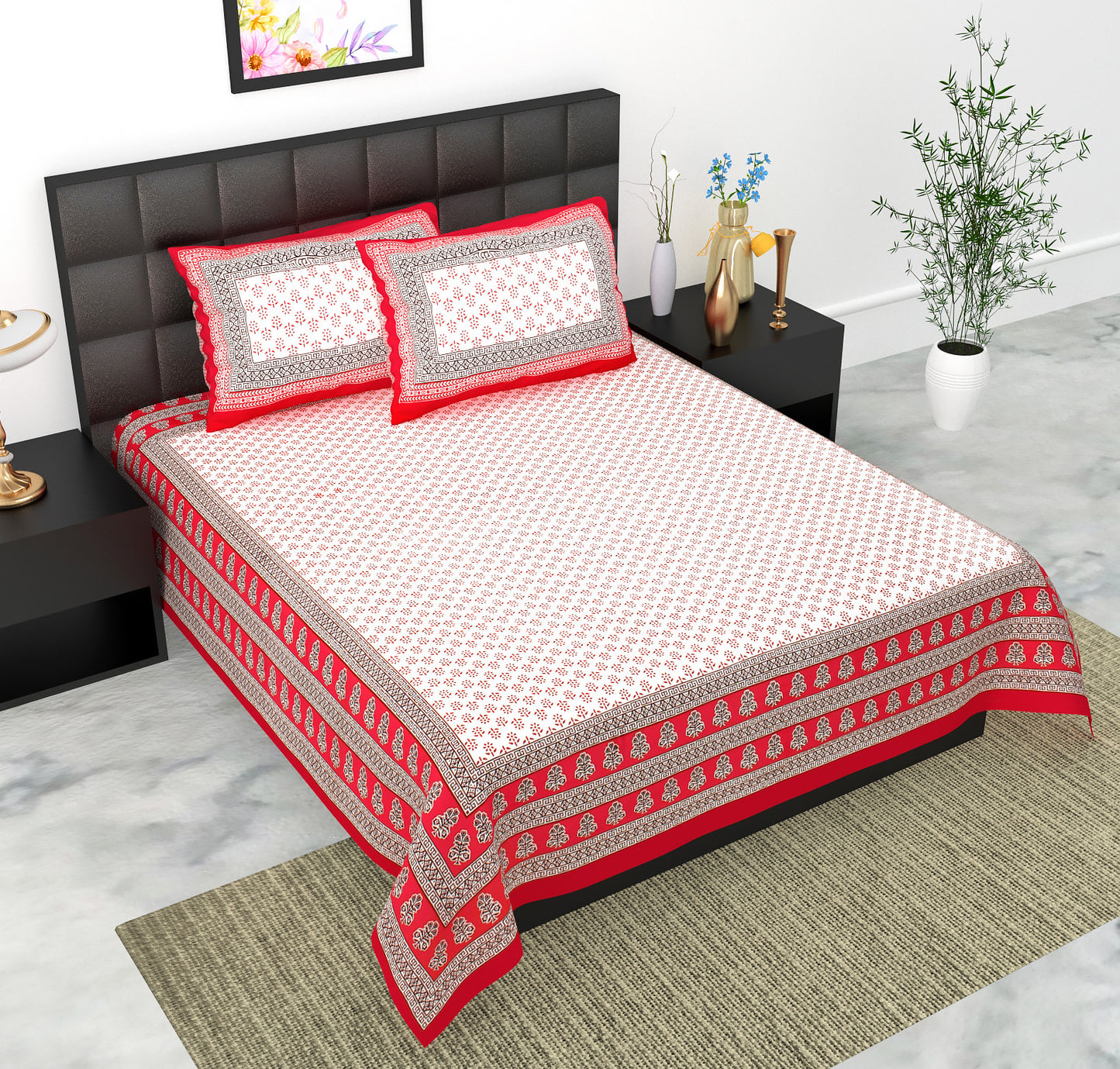 Rajasthani Jaipuri Traditional Double Bed Bedsheet with 2 Pillow Covers -(Red)