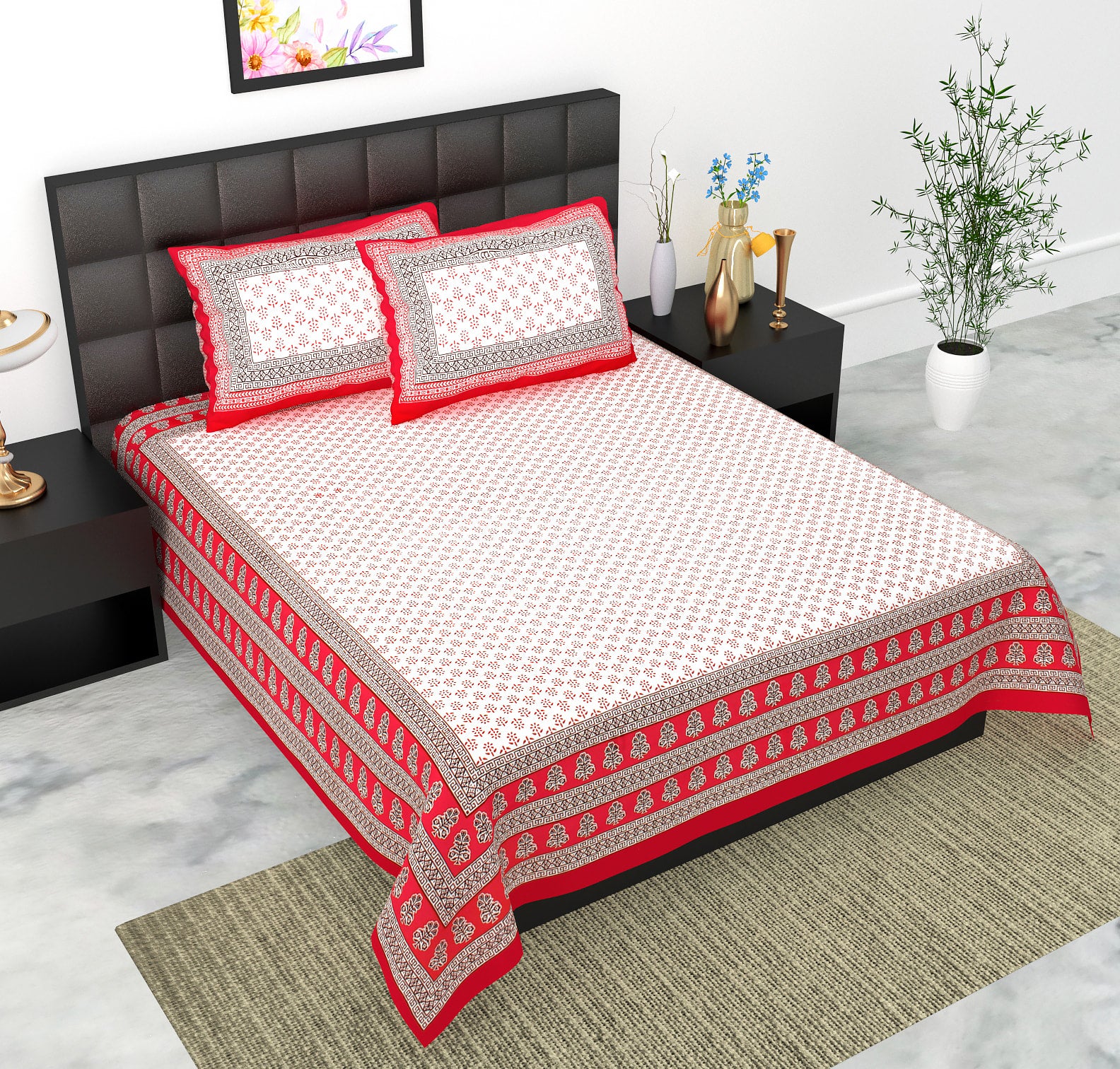 Rajasthani Jaipuri Traditional Double Bed Bedsheet with 2 Pillow Covers -(Red)